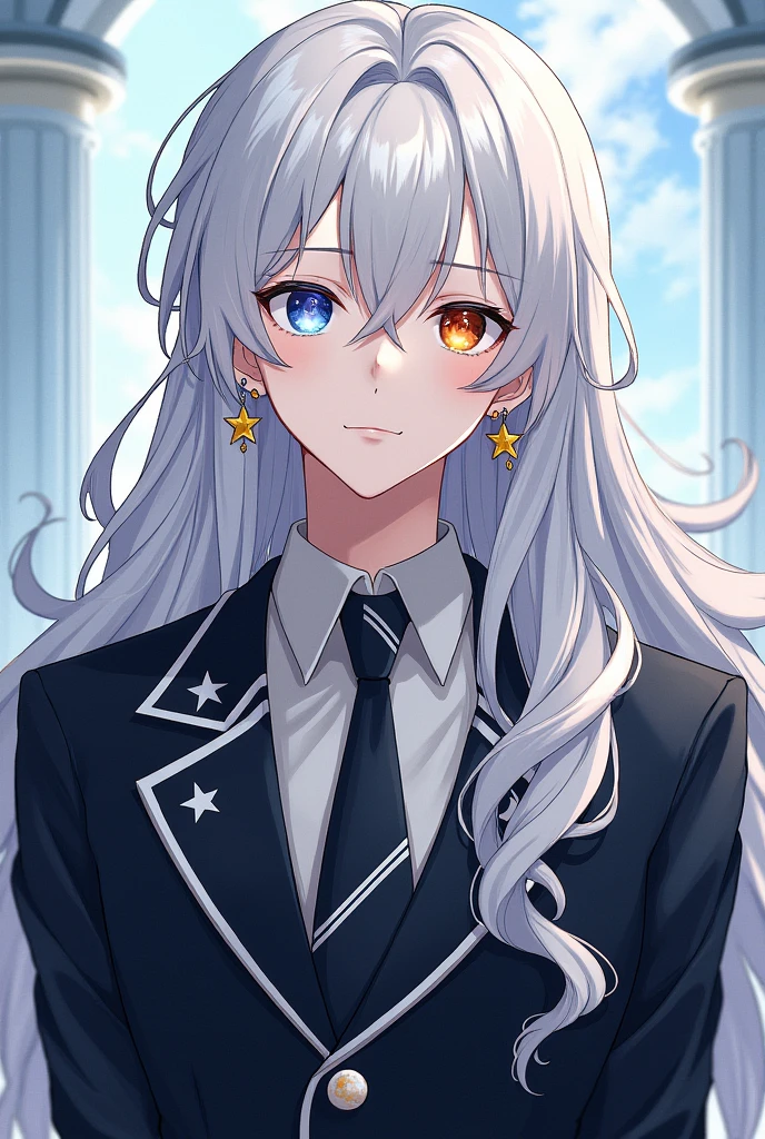 Guy, White To silver Sparkly hair, Wavy and Long, One Shiny Blue Eye, and One Shiny Orange one, Dark Suit with White Details Resembling Stars, Two "Star" Earrings, Solar System Tie.