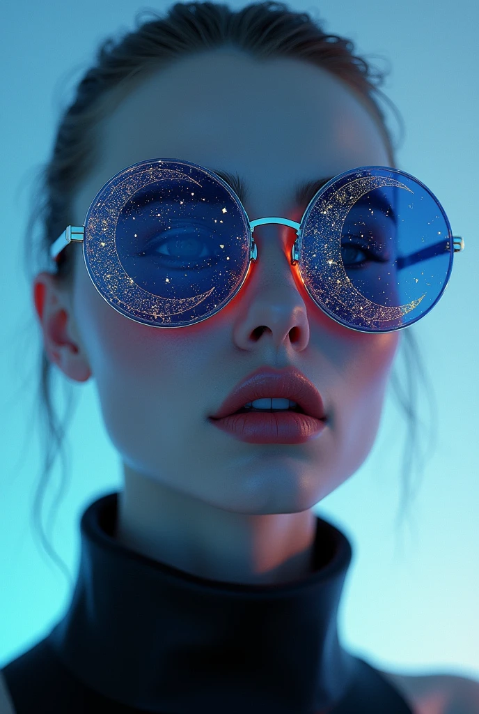 The model is wearing glass sunglasses with stars and the moon on the glass