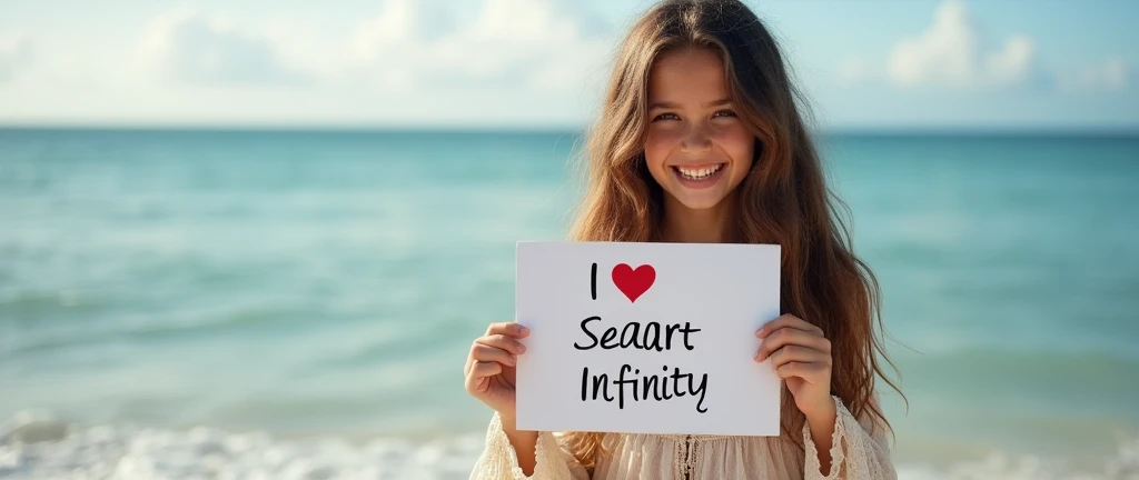 Beautiful girl with wavy long hair, bohemian dress, holding a white board with text "I Love Seaart Infinity" and showing it to the viewer
