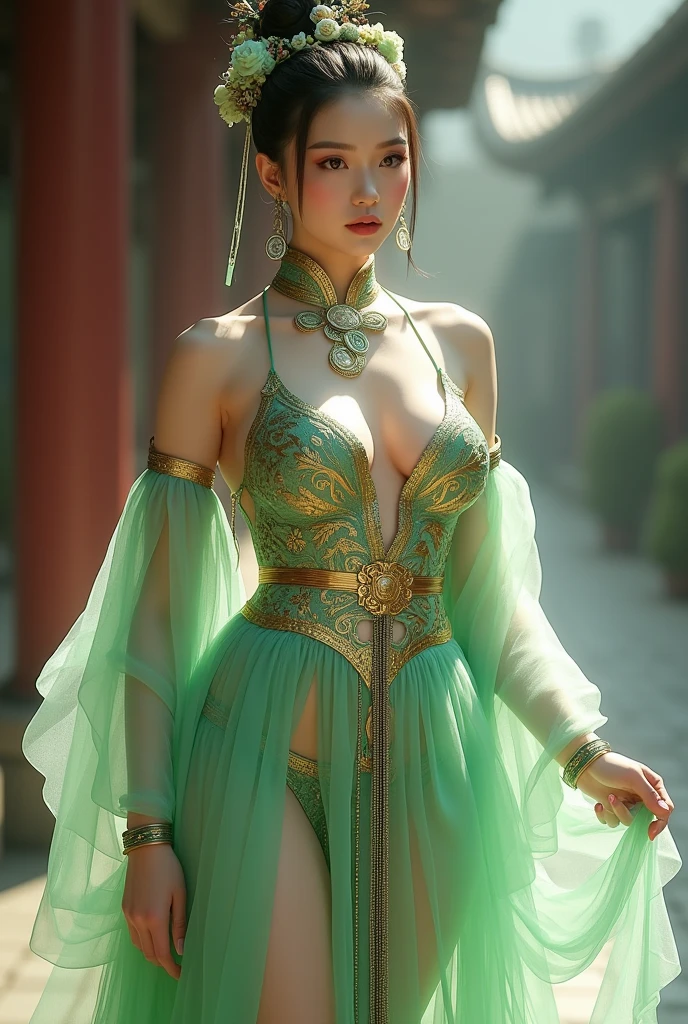 Chinese girl with coins gold , thick body, curvy body, curvy waist, big breast, white skin, gorgeous costumes embroidered with intricate embroidery, exposed breasts, flowing tulle, transparent long colorful ribbons tied on the arms, inspired by chinese movie, showing navel, bare shoulders, bare neck, hair in a high bun with flower hairpins, ribbons on arm rings, wreaths, bracelets, anklets, high heels, metal chain tassels on the waist, Mogao Grottoes art, ink painting, cgstation pop, in the city, ((fullbody)), ((super realistic)), green, green, green