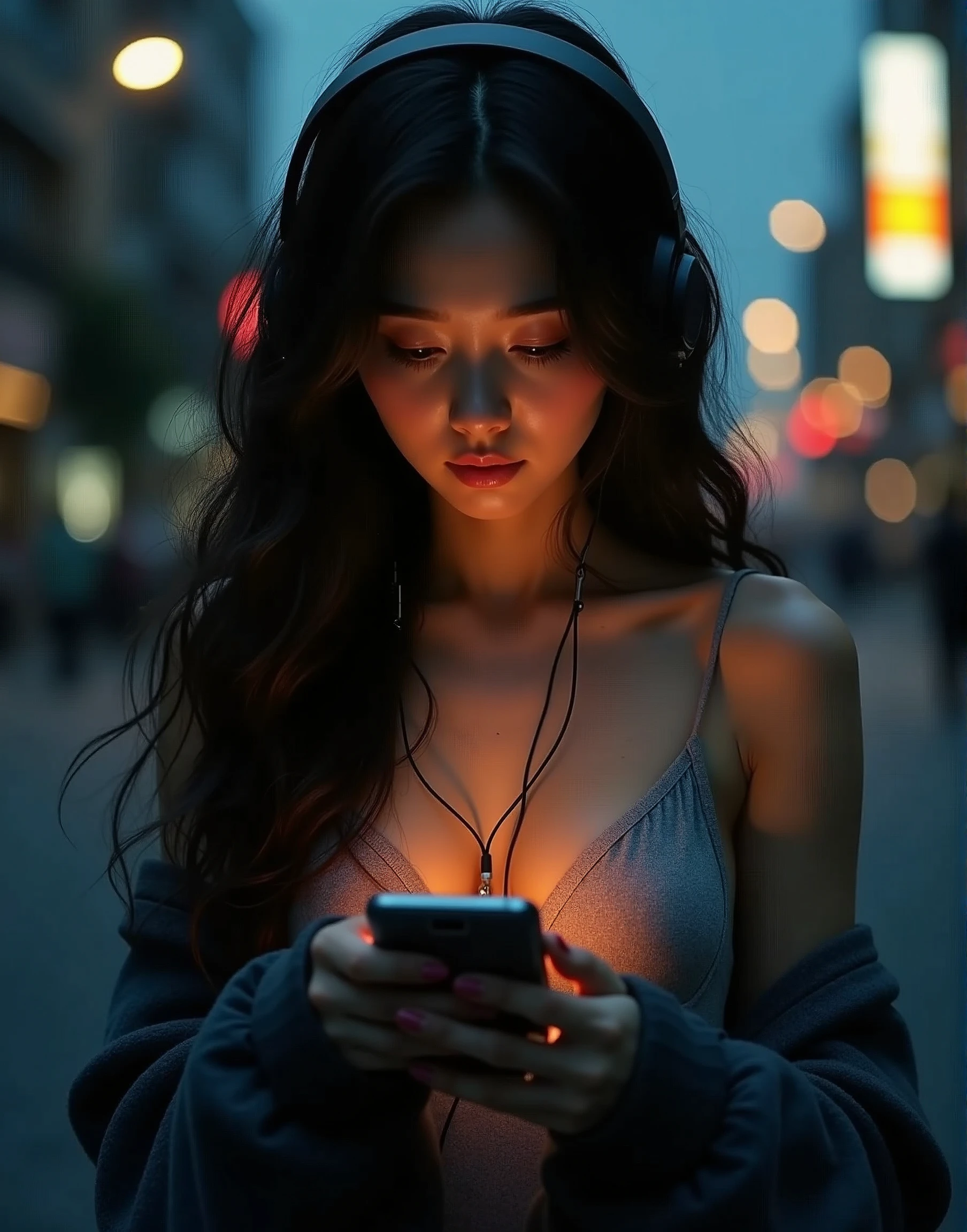 charming woman, have a foldable phone, Japanese woman, long wavy hair,moody night,shoulder off,hed set,wearing headphones,basking in strong sunlight,old hip hop style,