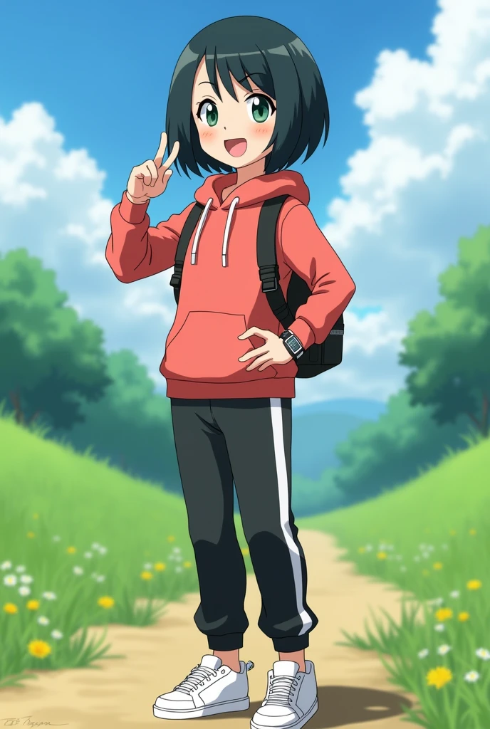 General description:
"A young girl with short, straight black hair, with a happy and friendly expression. She has a slim figure and delicate, expressive facial features with jade green eyes.."

Clothes and accessories:
"Dressed in a light red hooded sweatshirt, accompanied by black sports pants with white lines on the sides. He wears white sneakers and a digital watch on his right wrist.. besides, He has a small black backpack on his back."

Expression and Posture:
"With a happy and confident expression, standing in a natural posture, with one hand on the hip and the other raised as if he were waving or pointing at something."

Environment and background:
"In a vibrant environment reminiscent of a Pokémon landscape, like an open field or meadow, with green vegetation and a clear sunny sky."

artistic style:
"Anime or manga style, maintaining the aesthetics and visual characteristics of the Pokémon characters."