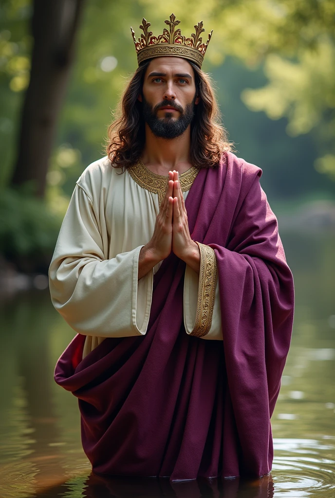 Perfect hand 5 finger, Portrait of a handsome Jesus Christ wearing grapes clothes with crown of king in the river, Jesus Christ, real blue eyes, sunny day, intricate details.real Jesus Christ, straight head face, Straight body.Prayer Jesus Christ, perfect full body,  perfect hands finger,Prayer Jesus Christ, praying Jesus Christ backgrounds natural photographic