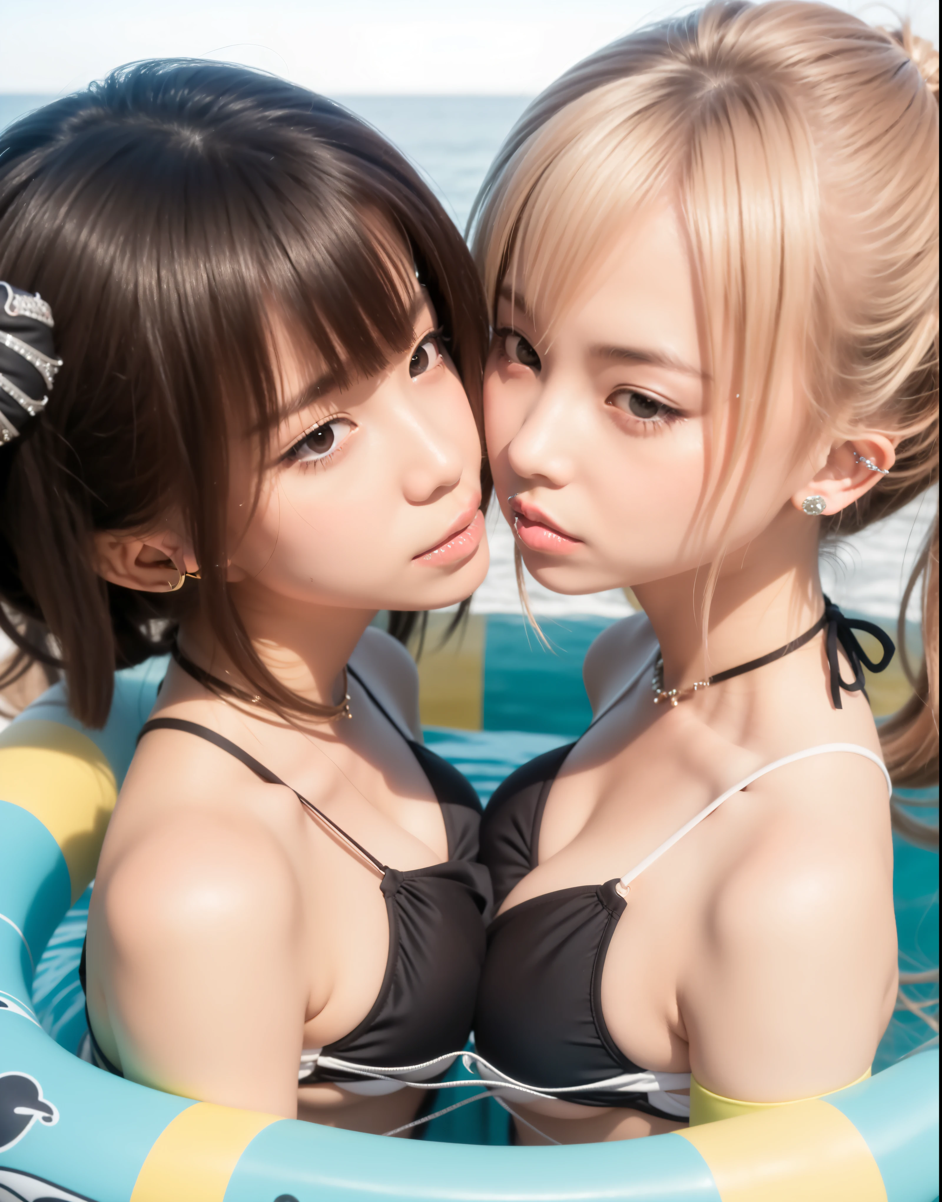 8k,masterpiece,Japanese,best quality, two girls, (kissing:1.9), bikini, (ring:1.7), reluctantly, (blush:1.3), (breasts:1.3), sea