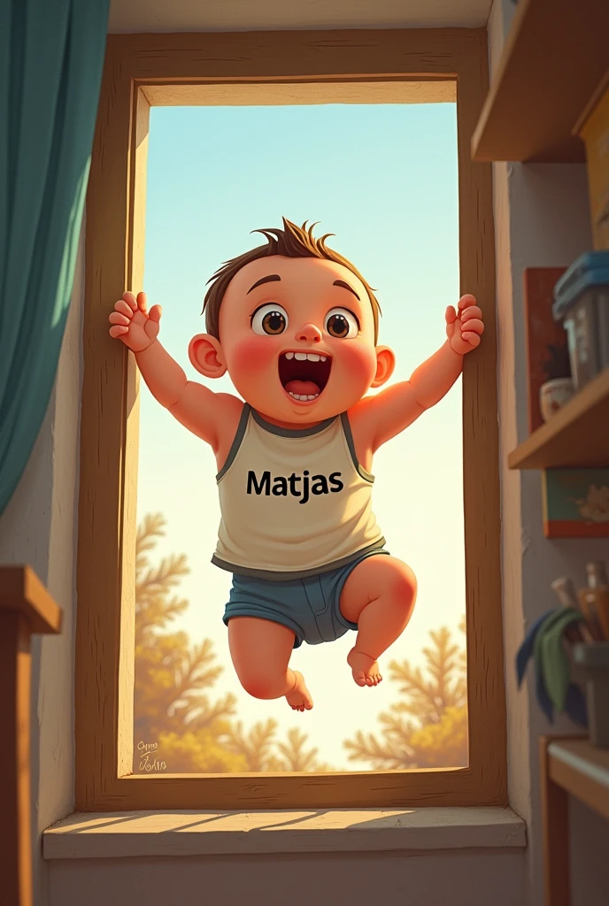 Make a baby with a sleeveless shirt that says Matías, He flew out of the window of his house