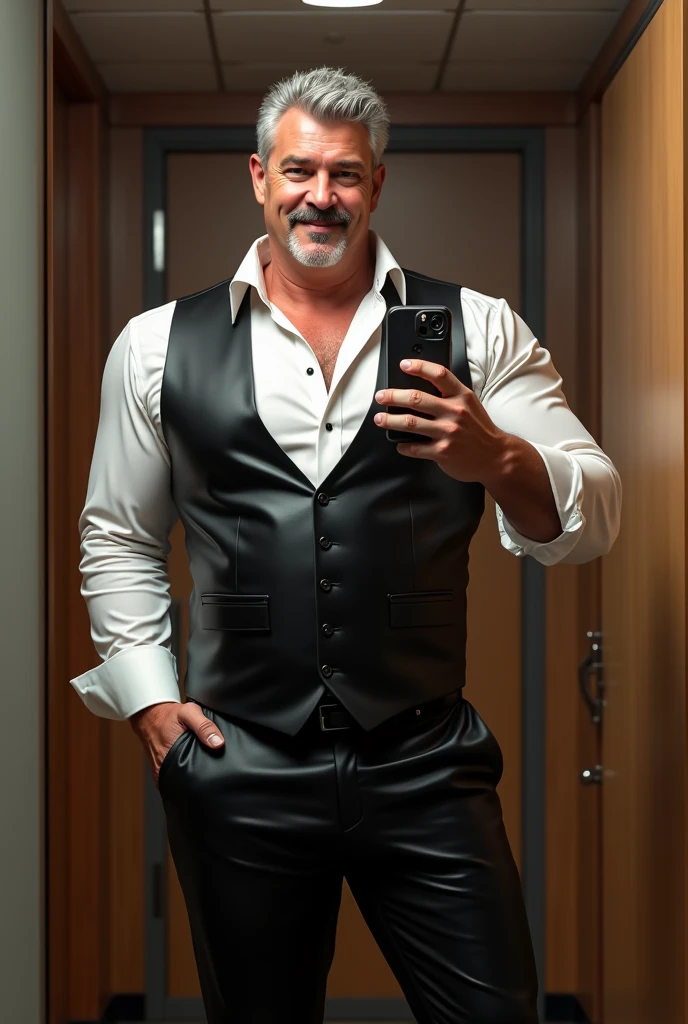 50 years old, very muscular, daddy, big bulge, black leather suit trousers, nice smile, horny, boss, office, thick, thick thighs, big chest, muscular chest, bulge, muscles, shirt and tie, dress shirt, formal shirt, mature, hd, realistic, At work, short moustache, no jacket, black leather waistcoat, sexy shirt, taking a mirror selfie, shiny clothes, grey hair, fitted, belt, british, shiny white shirt