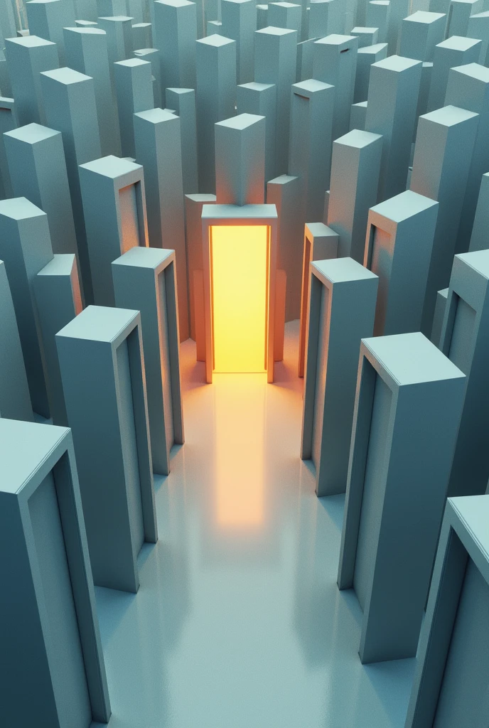 I want you to create an image where it doesn&#39;t look like it was made by AI, but it looks more like Photoshop, where you perform Dani Ribba&#39;s song, where you allude to the fact that there are a thousand infinite doors and the last one is illuminated (that there is one door after another) 
But it looks like Photoshop, keep it simple, make a door after door, that looks like it&#39;s infinite, but with a high angle (Only one door should be open and it is the one at the end and that last one should be illuminated.) make it look like a drawing 