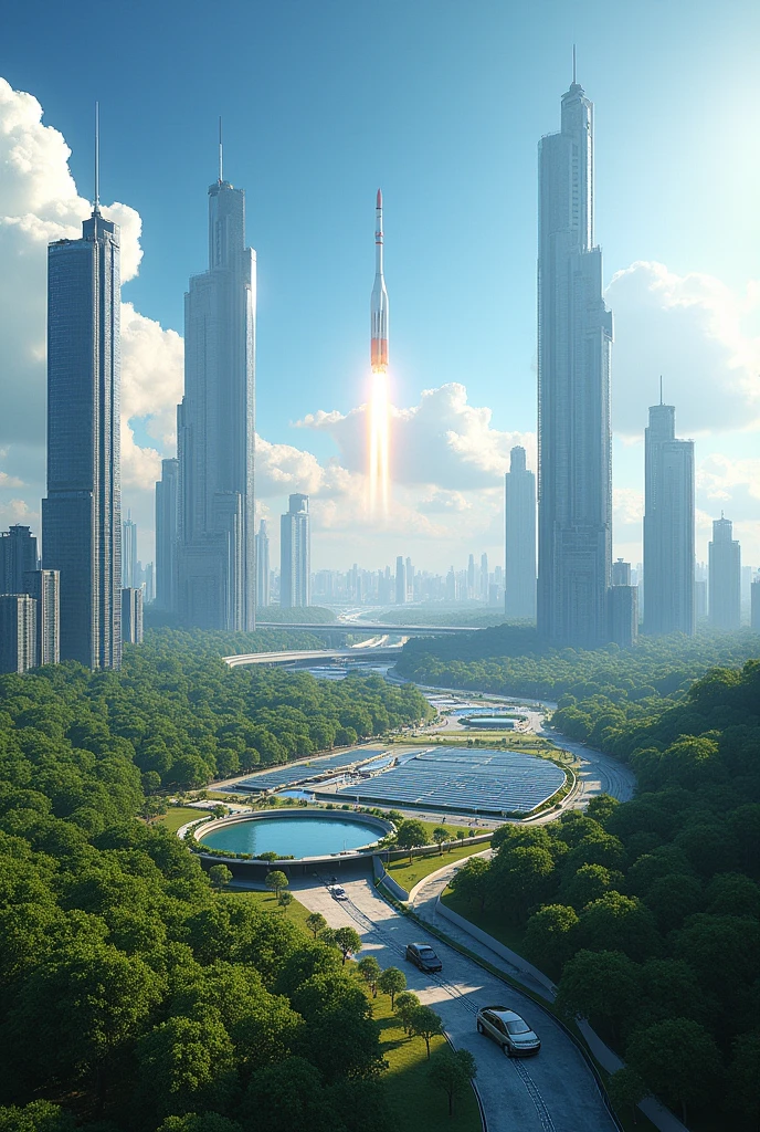 Create a futuristic image depicting India's future plans, including smart cities, green technology like solar panels, and space exploration visuals."