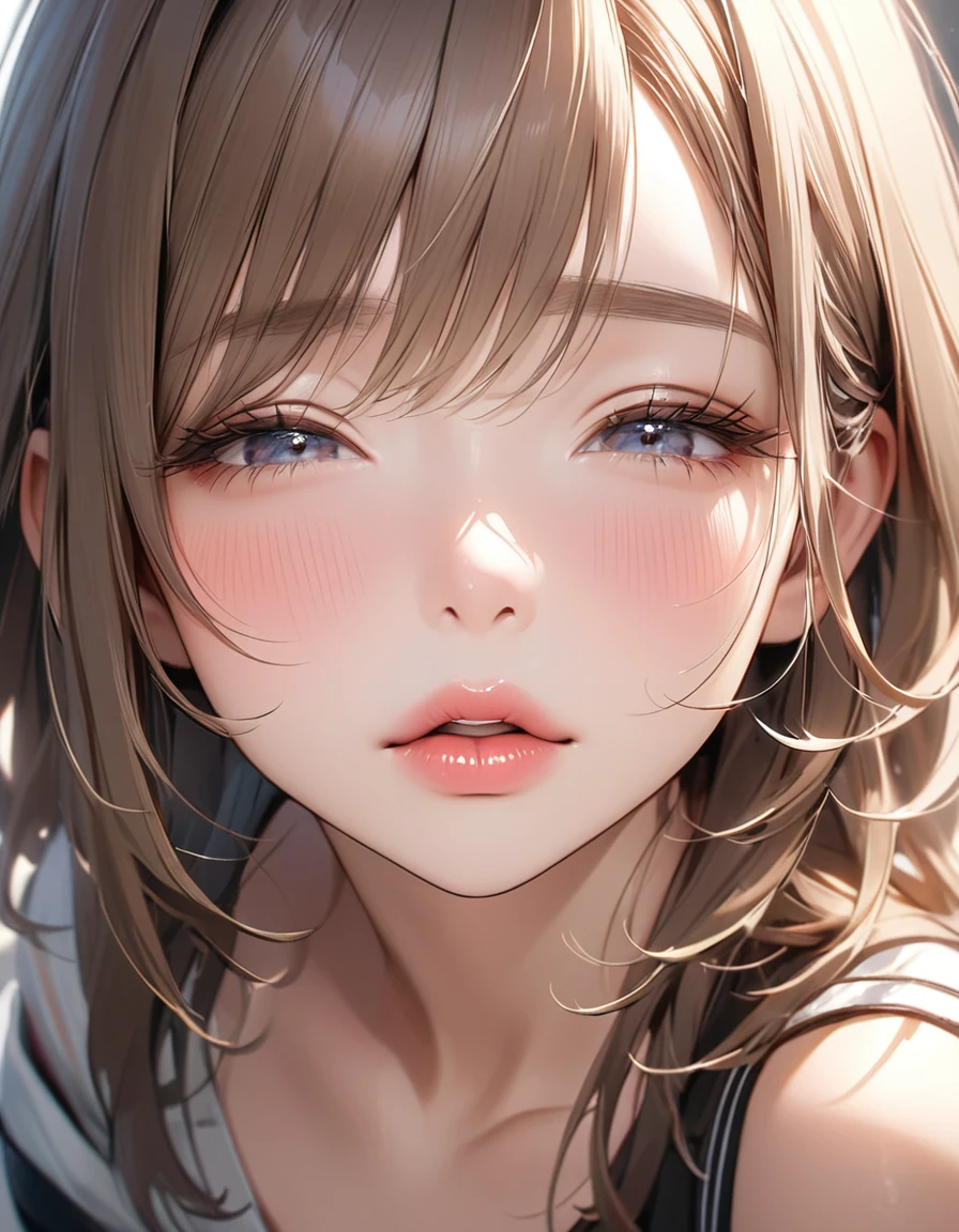 The face of a beautiful girl approaches the viewer, (Girls kissing), alone, Perfect and attractive face, Mouth trying to kiss, close your eyes, Put your chin forward, Expectations, Shyness, joy, blush, Realistic and attractive nose, Delicate and elegant eyelashes, Fine and thin eyebrows, Natural Makeup, Delicate and perfect brushwork, young and lively々Fresh Skin, break: Showing affection to the audience, Expectations, Shyness, joy, blush, I close my eyes in fear, Put your chin forward, Lips asking for a kiss, Detailed and realistic skin texture, Cute and sexy gestures that will charm you, ((Facing the audience)), View your viewers, Jaw sticking out, Please lower your eyelids, Detailed and engaging, Seduce you, break ((Gently closed eyelids)), The approaching lips, break (close your eyes, Lips asking for a kiss, Approaching Face, Chin forward), (look up:1.3), ((Facing you)), break Face up and look up, Mouth closed for a kiss, (close your eyes:1.3), Expectations, Shyness, joy, blush, Realistic and captivating depictions, First-person view of the viewer, The kiss, (Close-up of face seen from above:1.2).