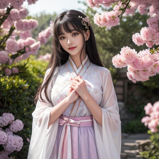 best quality, Delicate face,beautiful visual work, lifelike, eternity, black hair, Long curly hair, blunt bangs, Smile, Detailed Background, Delicate face,blush,cold,((masterpiece))、(top quality)、8k、high detail、Super detailed,21 years old female,身穿唐制Hanfu、waist skirt, Clothes are light and fluffy,Hanfu, wide sleeves, Transparent sleeves, Tunic, Clothes made of chiffon, masterpiece、born、Scenes resembling fairy tale illustrations、intricate details和複雜的設計、Beautifully、magic、capricious、 Beautifully、Dream aesthetics、「𝓡𝓸𝓶𝓪𝓷𝓽𝓲𝓬、ethereal、charming、fickle、magic」、realism、Visual effects、FXAA、SSAO、Shader、voiceless、ambient lighting、Tone mapping、High resolution、Ultra high quality、Million pixels、(8K resolution:1.10)、8k、8k以下、8K resolution、high detail、intricate details, (high quality:1.2、masterpiece:1.2、:1.21)、(21 years old female:1.21)、(興奮地Smile)、(被dream般的氛圍所包圍、Model diagram,full-body shot,Normal 2 feet,Put your hands behind you,The protrusion of the breast is visible when wearing clothes, Large Breasts, H cup chest, antiquity, Xian Xia, gauze clothes, Soft and fluttering, Fairy, dream, fantasy, light, Elegant, nature, Immortal, romantic, classical, ribbon, light purple clothes, In the woods, martial arts drama scene