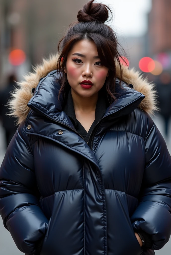 chubby Chinese woman, messy brown hair, tanned skin, heavy makeup, dark red lipstick, big pouting lips, wearing a very large tight shiny ((navy blue)) puffer coat, thick eyebrows, photorealistic, masterpiece, in Manchester Piccadilly gardens, moncler, fluffy fur hood, attitude on her face, hair tied on top, large breasts, silk blouse, silk bra, cleavage, chav, open coat, qipao