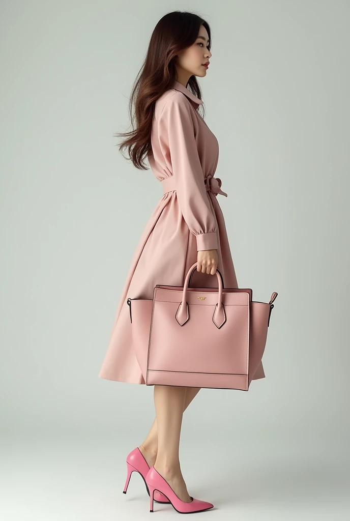 The fashion model is holding a trendy Korean brand bag and looks like Yang Mi. She is wearing pink high heels.