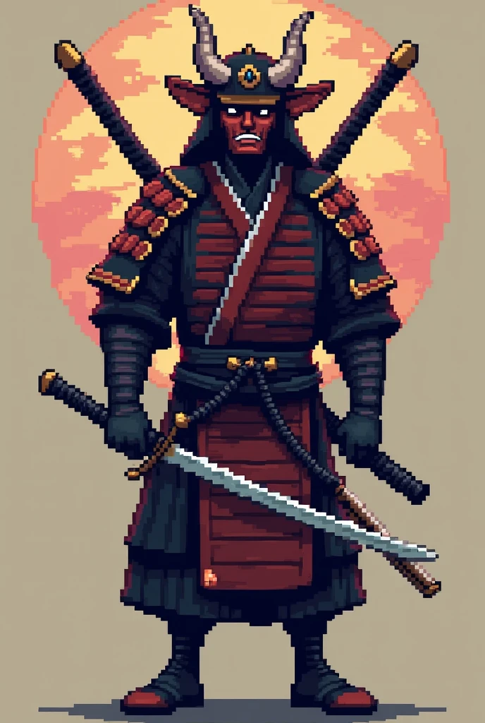 I would like to create a samurai in pixel art for a game in which he has two swords and a face that is half oni and half human, very basic so that it is a basic game with few details. I want it very, very basic as if it were really from Stardew Valley and I would like the oni part to be corrupting one of his arms.