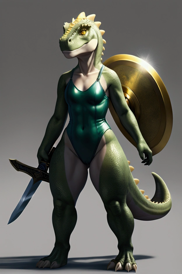 (photorealism:1.1), A tall, very muscular transgender reptillian wearing a bikini bottom and a ripped shirt that barely covers her large breasts. She has green scales and spines along her back. She has a thick neck and a strong torso. She is very strong. She is carrying a futuristic white space blaster. She has a prominent bulge in her bikini bottoms. She has a short, chameleon like snout and spines along her back. She has a strong thick alligator tail. She stands on strong digitigrade leg. She has a confident smirk on her face. She is turned slightly to the side while kneeling in a white corridor of a space ship with debris and blast holes in the walls. The camera is looking upwards at her, signifying strength.