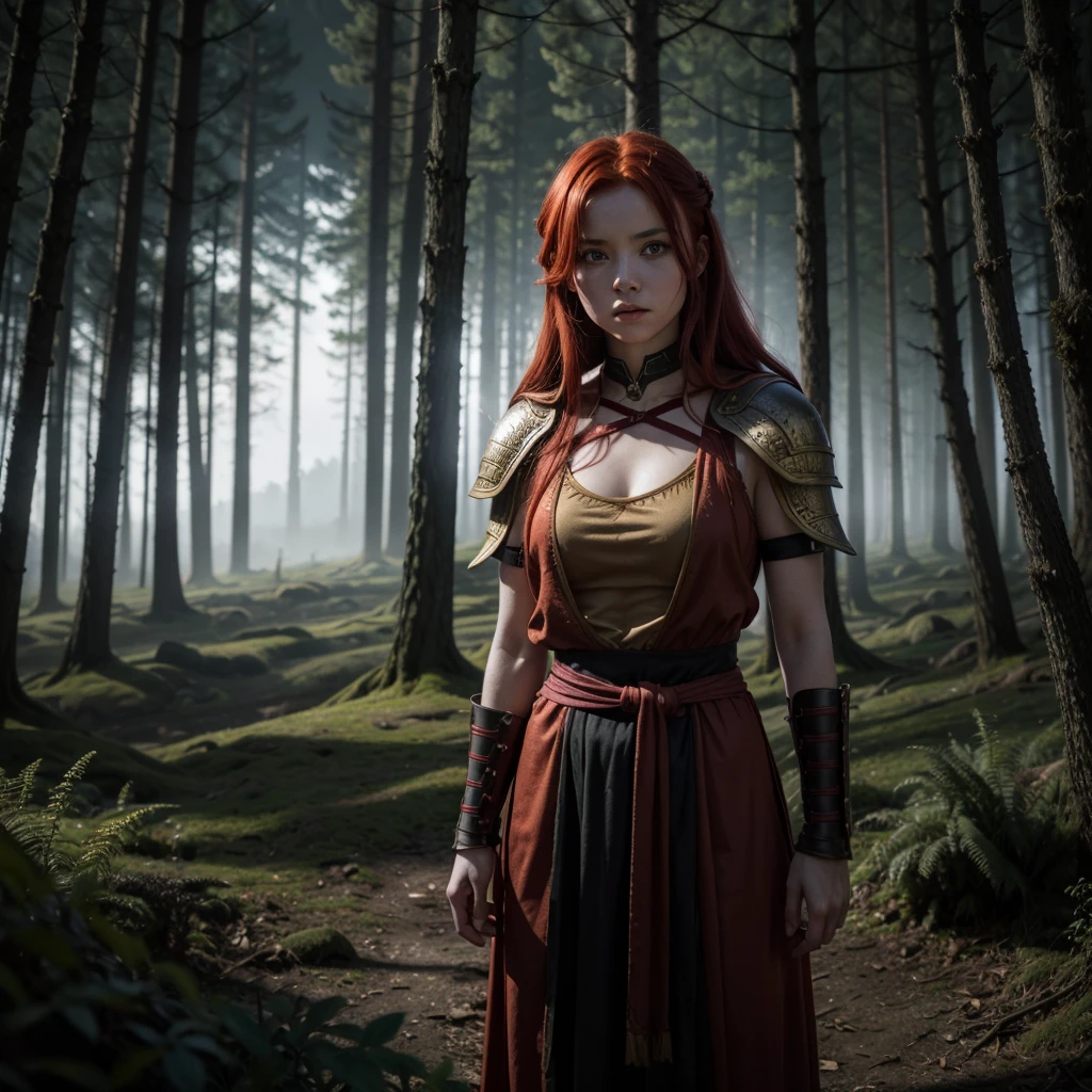 Girl with red hair dressed in ancient combat clothing on a night in a dark forest. 
