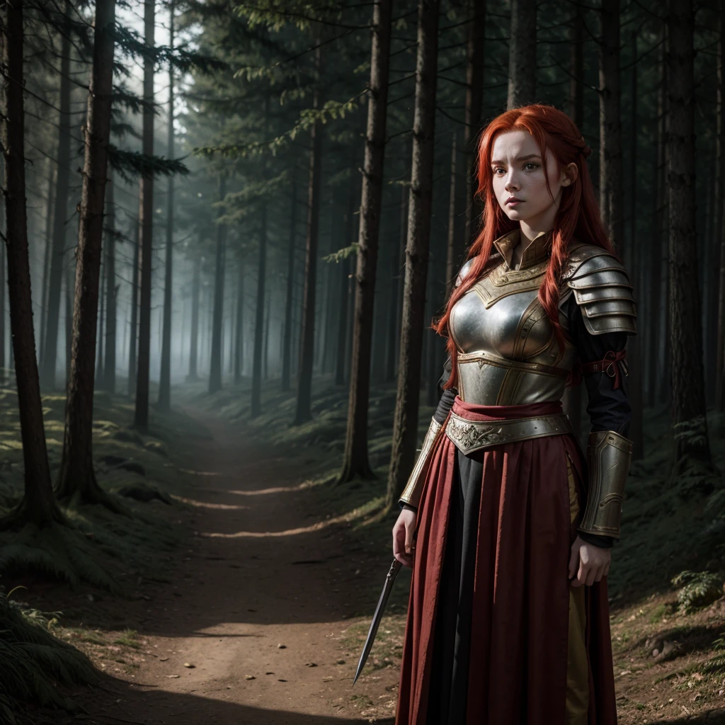 Girl with red hair dressed in ancient combat clothing on a night in a dark forest.