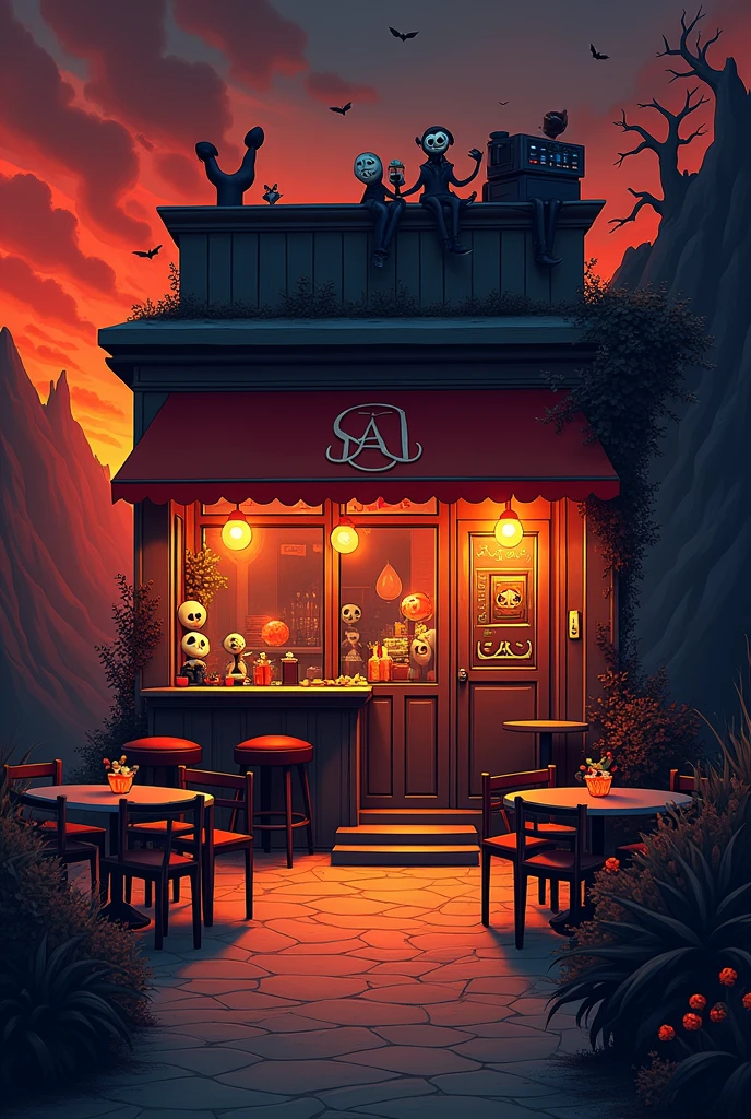 Infernal cozy horror empty café facade at hell, with chairs, tables and a bar coctel bar, cartoon animated in hell