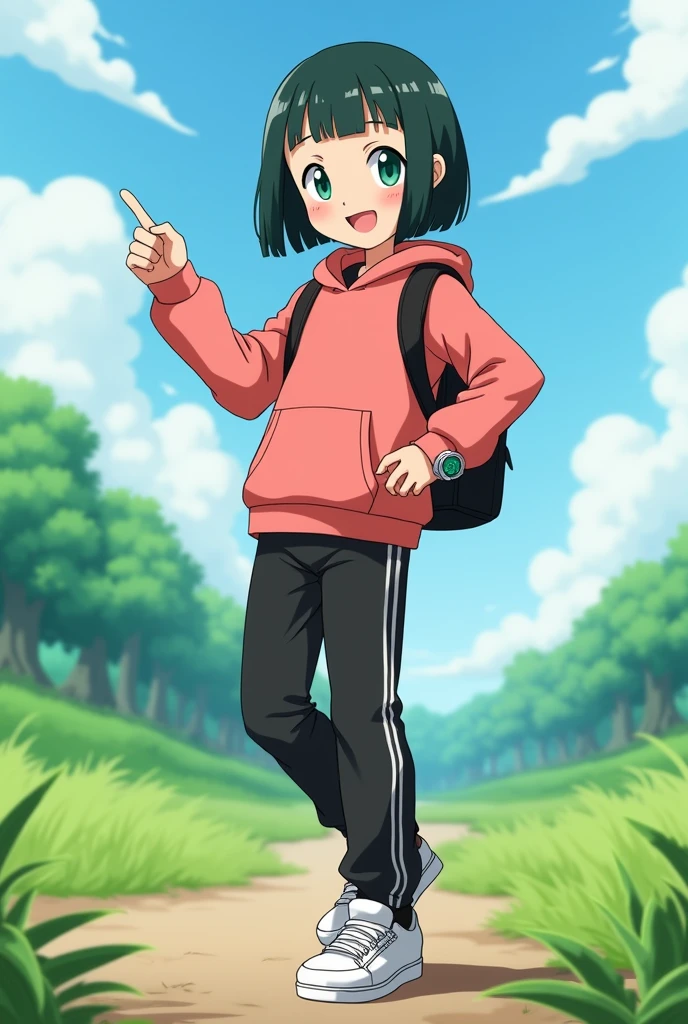 General description:
"A young girl with short, straight black hair, with a happy and friendly expression. She has a slim figure and delicate, expressive facial features with emerald green eyes.."
Clothes and accessories:
"Dressed in a light red hooded sweatshirt, accompanied by black sports pants with white lines on the sides. He wears white sneakers and a digital watch on his right wrist.. besides, He has a small black backpack on his back."
Expression and Posture:
"With a happy and confident expression, standing in a natural posture, with one hand on the hip and the other raised as if he were waving or pointing at something."
Environment and background:
"In a vibrant environment reminiscent of a Pokémon landscape, like an open field or meadow, with green vegetation and a clear sunny sky."
artistic style:
"Anime or manga style, maintaining the aesthetics and visual characteristics of the Pokémon characters."