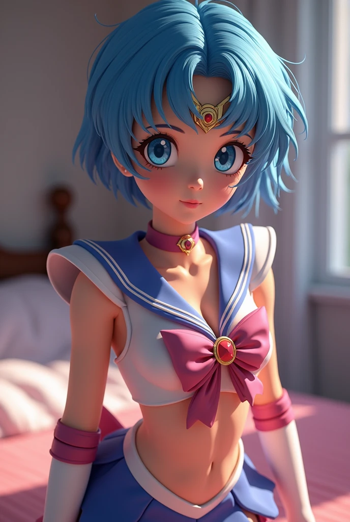 ((Best Quality)), ((Masterpiece)), (detail: 1.4), 3D, , (Sailor Moon: 2.1) ((Ami Mizuno/Sailor Crystal, Sailor Mercury)), charming smile, short hair, short blue hair, leaky belly button, vibrant blue eyes, short silk skirt, silk bra looking at the viewer,, background of a bedroom, dynamic pose, (excellent detail, outstanding lighting, wide angle), HDR (High Dynamic Range), ray tracing, NVIDIA RTX, Super Resolution, Unreal 5, Subsurface Scattering, PBR Textures, Post Processing, Anisotropic Filtering, Depth of Field, Maximum Sharpness and Acutance, Multi-Layer Textures, Albedo and Highlight Mapping, Surface Shading, Accurate Simulation of Light-Material Interactions, Perfect Proportions, Octane Rendering, Two-tone Lighting, Wide Aperture, Low ISO, White Balance, Rule of Thirds, 8K RAW