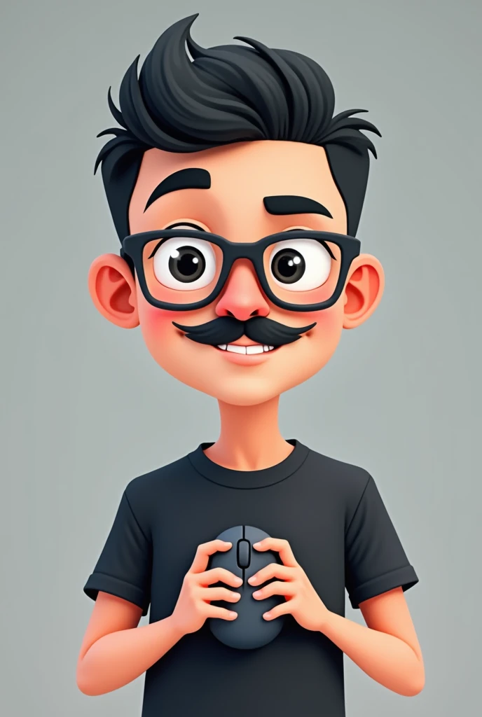 Create a cartoon boy with a short mustache that only appears from the bust up. This man wears glass glasses and has black hair with a short, shaved cut.. This man is wearing a black t-shirt and the background of the image is gray.. He's making a face, has black eyes. This boy has a computer mouse in his hands