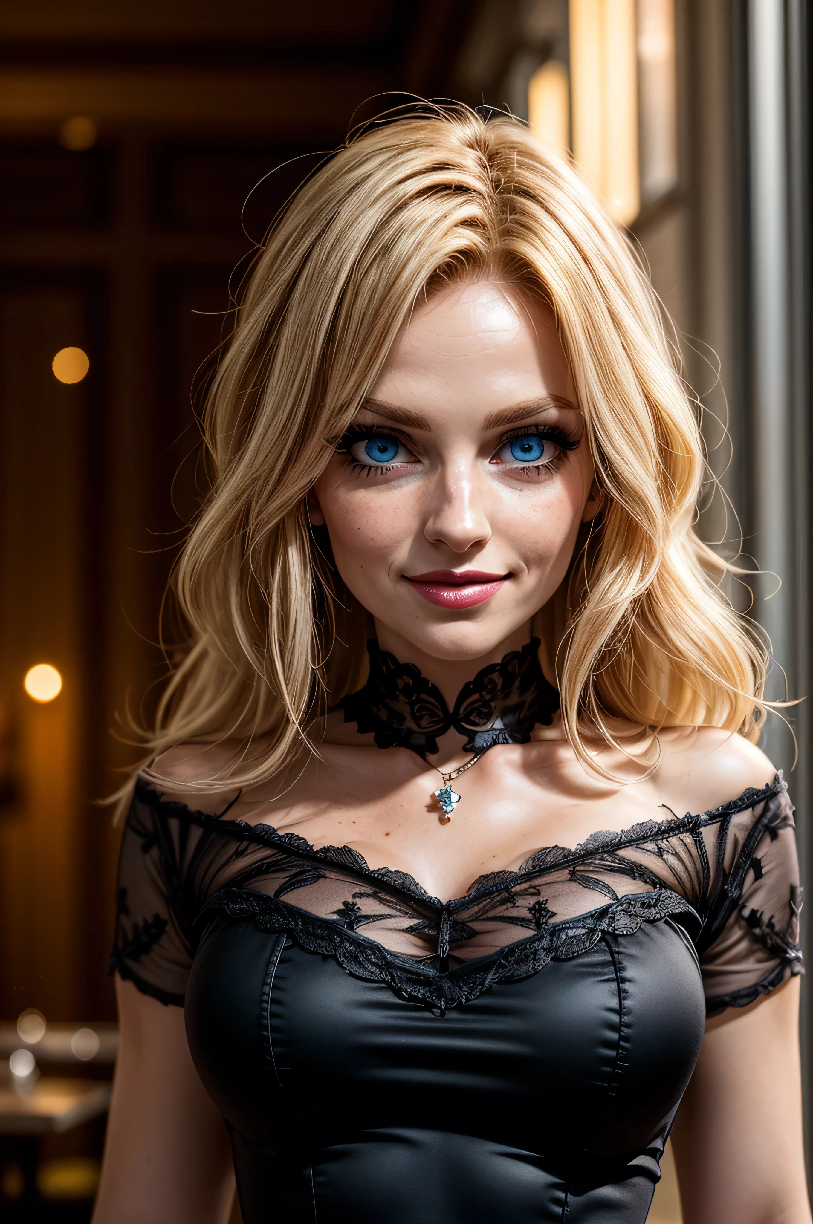 (masterpiece, photorealistic:1.4, extremely intricate:1.3), (photon mapping, radiosity, physically based rendering, ultra resolution, hyper-realistic, photorealistic:1.4, hyper-realistic, 8K), ((((closeup chest portrait 30year woman, [supermodel:waif:0.2], (wide eyes, long lashes)), long wavy parted ([bright blonde hair:red hair:0.7], [makeup:freckles:0.8])), necklace), red lips, blue eyes), smile. laugh, BREAK, (((indoor, restaurant, night, dark, shadows, (pink black chinoiserie elegant:1.3 dress), [from below:side view:0.2])))
