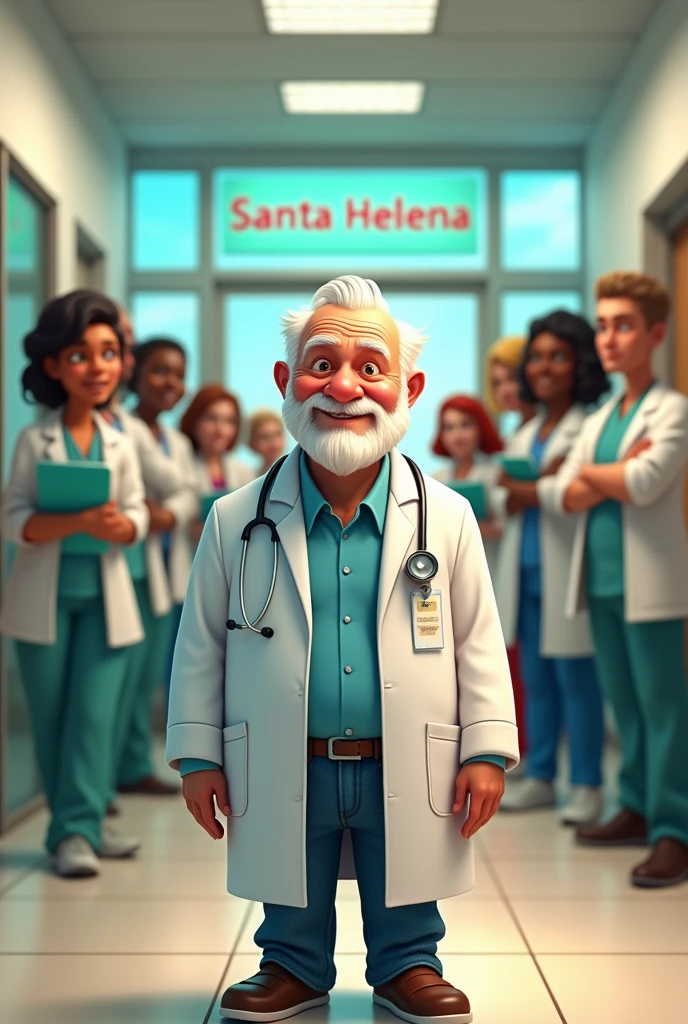 Create an image of a short 75-year-old man with a short white beard, friendly face and doctor's dress with light blue dress shirt and jeans underneath the lab coat. In the background of the image, a medical center with the name Hospital Santa Helena should appear in green and red.. The man should be surrounded by health professionals with dark and white skin tones.. The image must be in Disney or Pixar layout.