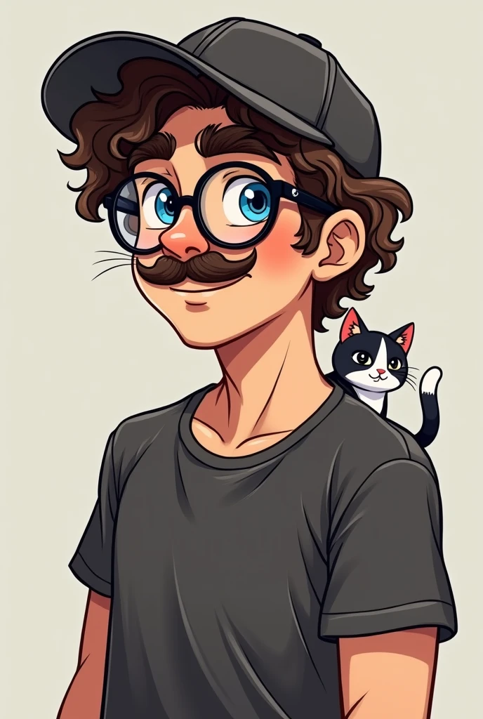 beautiful man wearing baseball cap, curly brown hair with white streaks on the back of his head, bisexual, glasses, curled mustache, caucasian, blue eyes, cartoon, baggy t-shirt, black and white cat