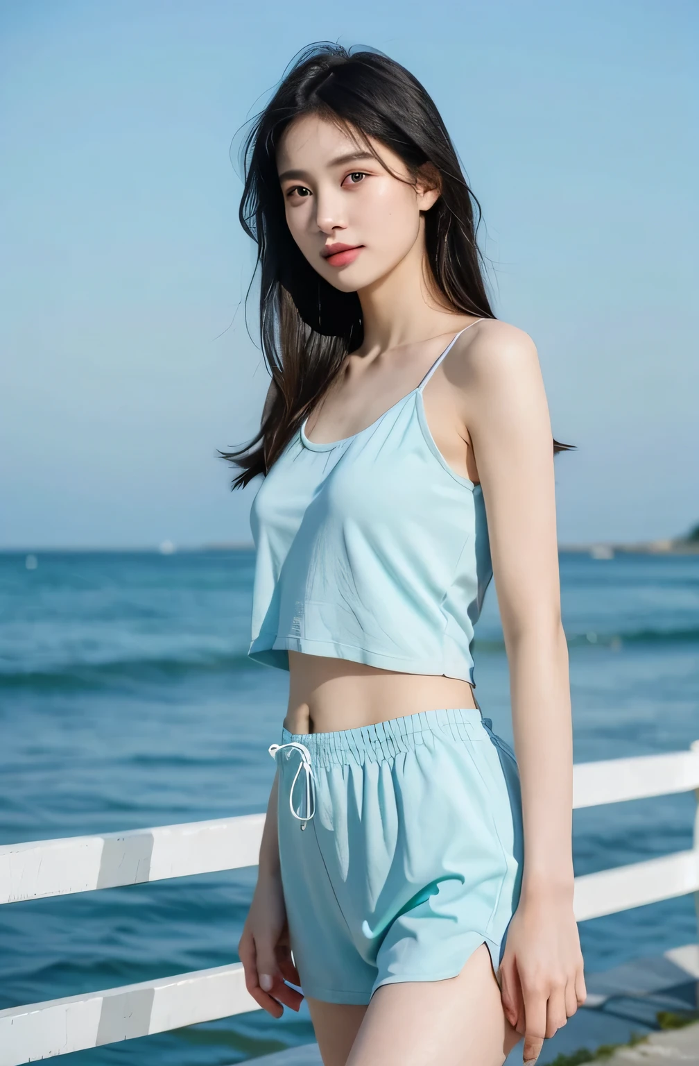 A photorealistic image of a young woman with long wet black hair and soft, radiant skin, standing on a beach during a misty morning. she wearing white tanktop with water droplets on her skin, highlighting her delicate features. Her deep eyes and subtle makeup enhance her natural beauty, complemented by the serene, soft blue background of the sea and sky. The atmosphere is tranquil and slightly moody.