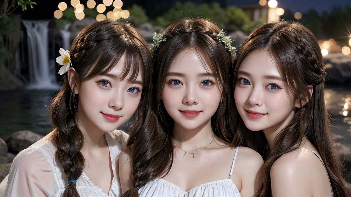 ( 3 girls),smile、Look into the camera、diamond necklace、braided hair, Chest island dress、Extra long twin tail feathers、Mid-range shooting、Flower Hair Ornaments、 Masterpiece, Highest quality, 8ก, beautiful girl, young face、 photography, Cute face, thigh,waterfall at night,、รอยsmile、 blue eyes(((The chest is erect..:1.0)))(((round chest:1.0)))(((big breasts:1.0)))