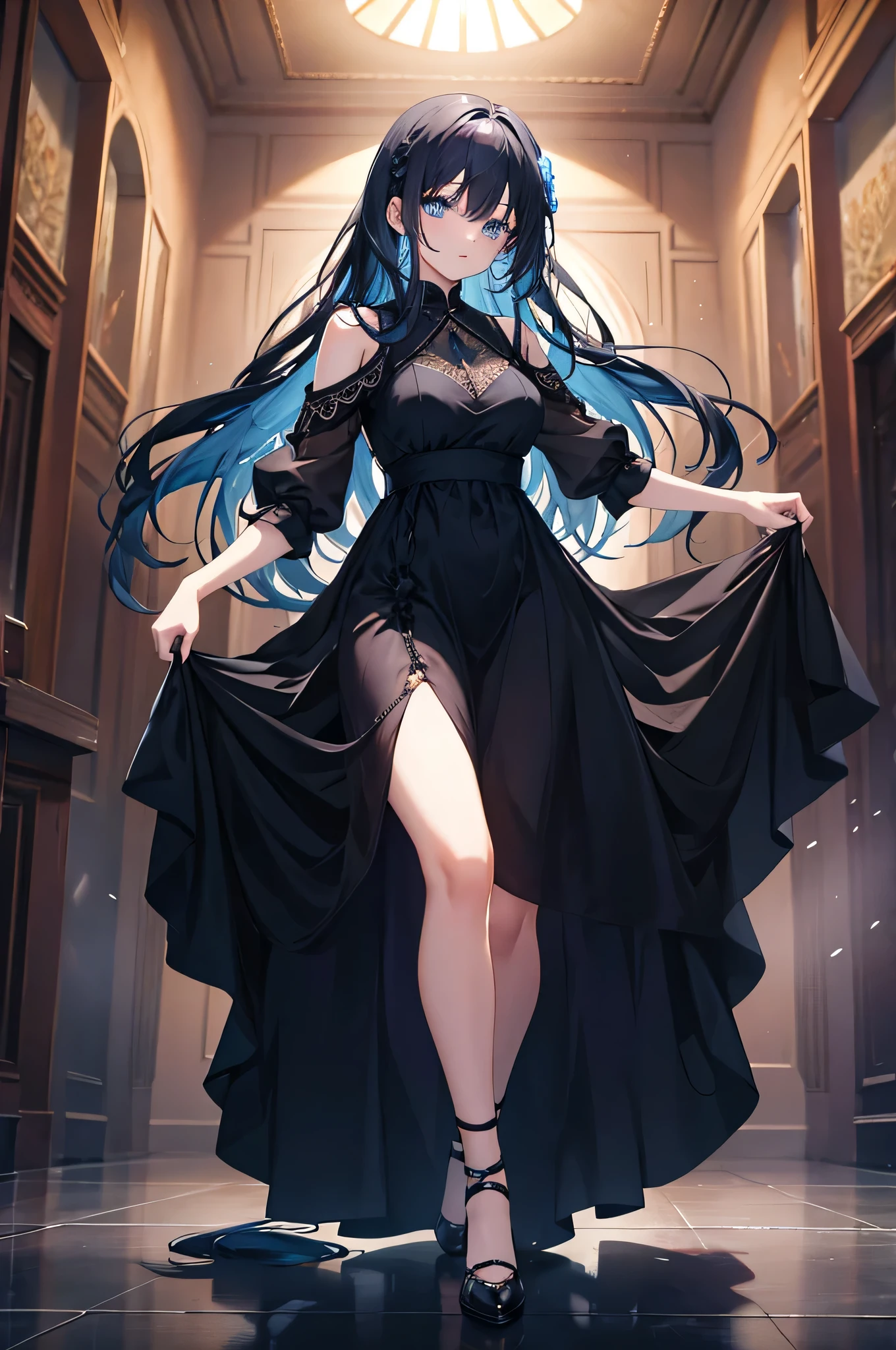 Background is a dance hall. Young woman. Long black and blue hair. Blue eyes. Wearing a long blue dress.