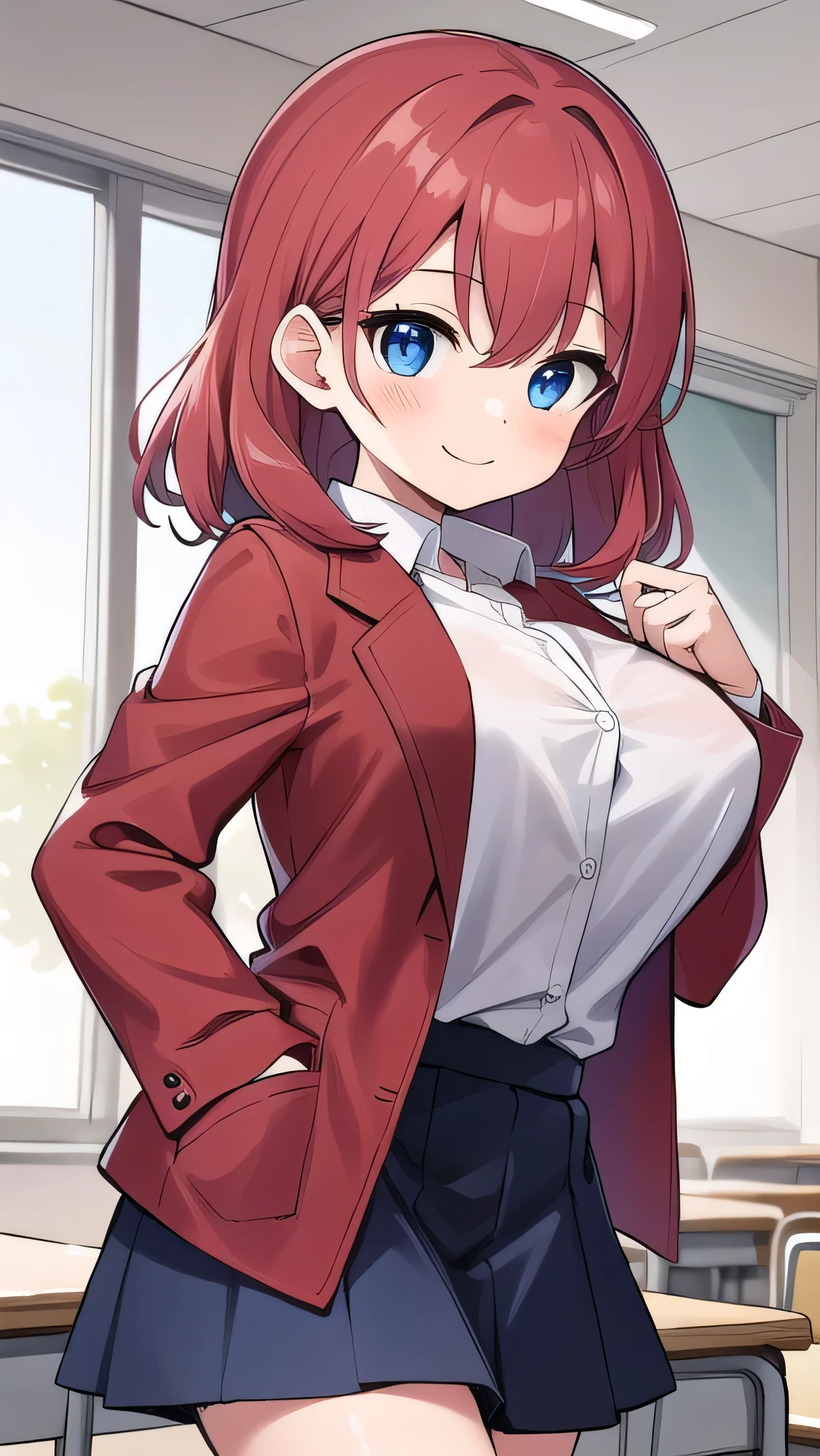 Big breasts, red hair, blue eyes, droopy eyes, red jacket, long sleeves, navy skirt, , (super big breasts:1.1), (medium hair: 1), baggy clothes, elementary school studentt, 10 years old, old, shy Agari, smiling a little, trtton his shirt the classroom, white shirt, soft hair，(straight hair:1.2)  , gentle smile, a little smile ，