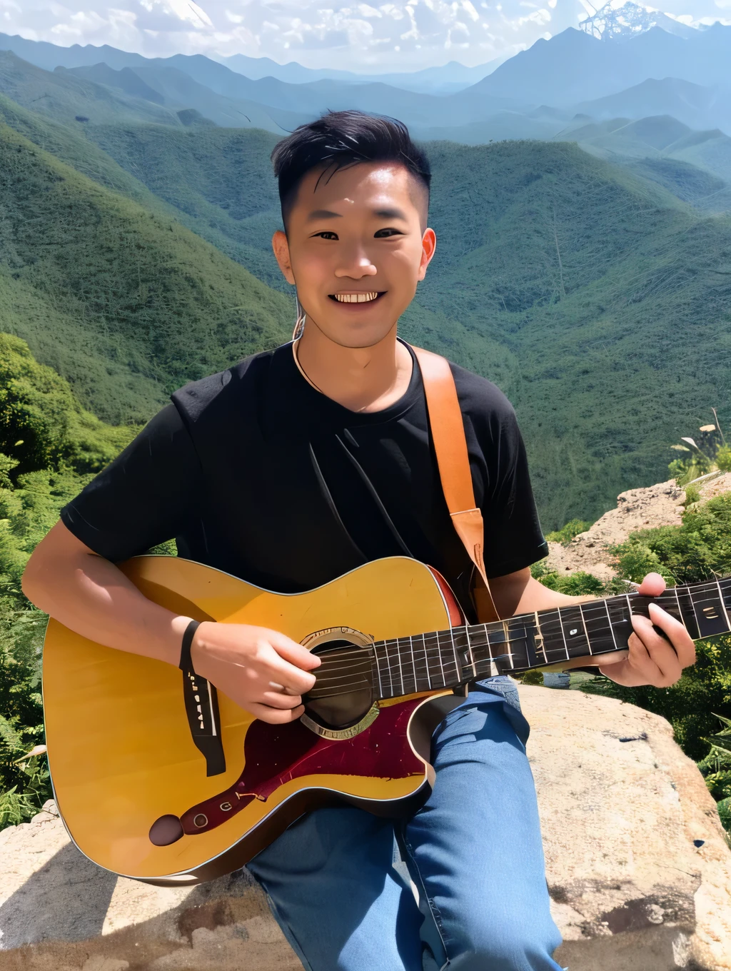 best quality, Indonesian man, 35 years old, neat short hair, thick eyebrows, brown skin, wearing a T-shirt, jeans and playing folk guitar. is at the top of the mountains.