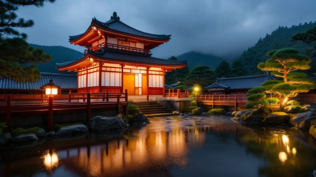 Beautiful japan scene temple night rain