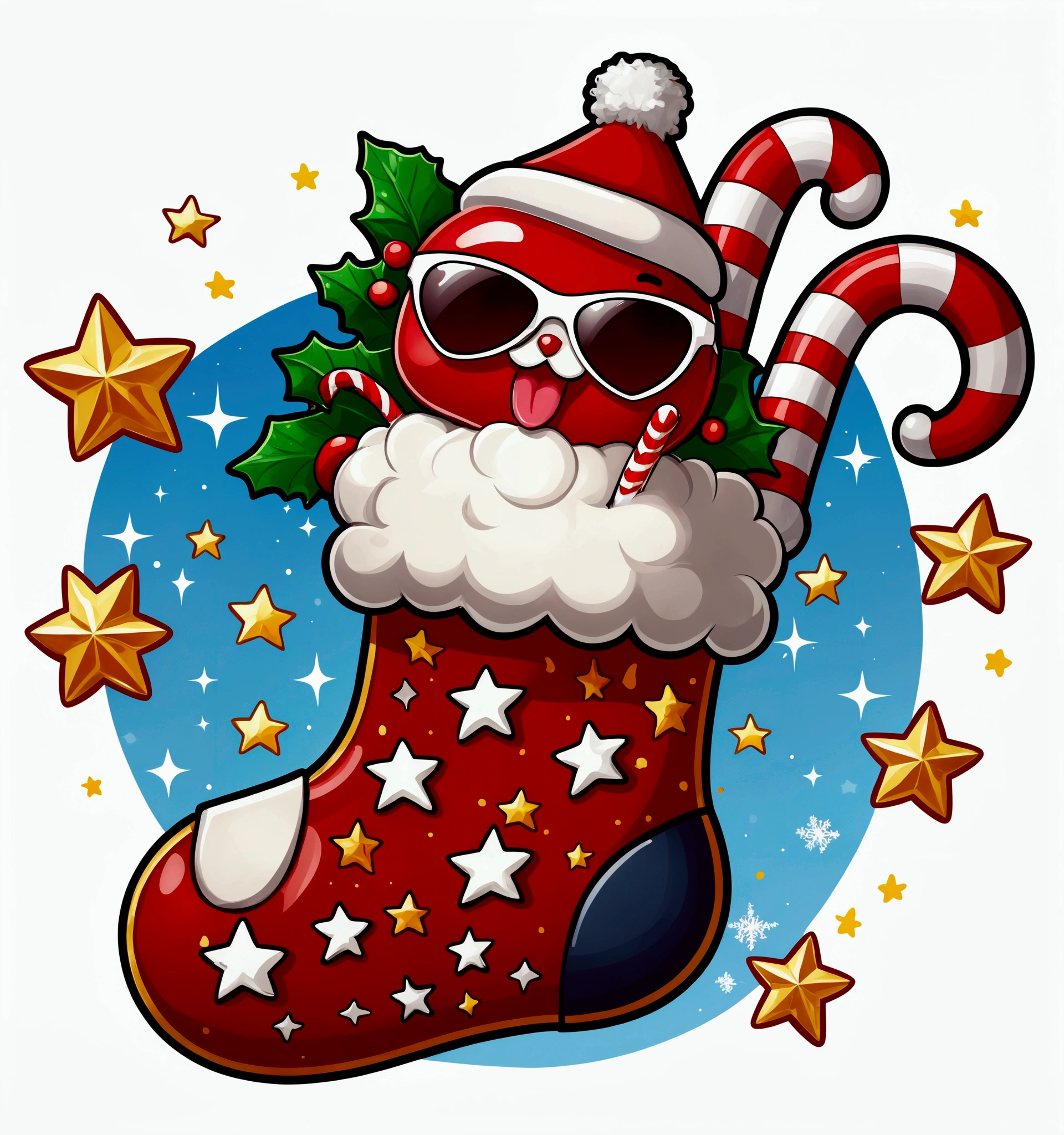 a cute cartoon christmas stocking filled with candy canes and stars, intricate and highly detailed, masterfully painted by an unknown artist in the style of Kanbun Master, 1024x1024 resolution, a grand and magnificent scene, beautiful detailed eyes, lips, and fashion elements like high heels and a dress, christmas themed, telegram sticker style, created by artist alexander brooke, unknown artist, heart, fire, mushroom, tornado, video game, sunglasses, gun, robot, cigarette, happy, hot, stars, crescent moon, traditional art