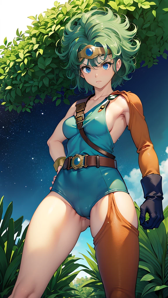 （（（ＳＦＷ、sound、Highest quality、Top notch work、Normal body、、Detailed face、Ultra-precision、normal hand、Refer、５refer、Highest）））、beautiful girl、Green Hair、yamato nadeshiko、Small breasts、Shortcuts、Blue leotard、muscular、Black paleo skirt、Red Cape、Circlet、Dragon Quest、Female Heroes、 Fight、Fight is ready、Sweep with a sword、Please put your hands together in front of you.、Place your hands behind your back、Please put your hands on your hips、cover your chest with your hands、((Executed perfectly:Frame yourself from head to toe,Standing posture,Draws in great detail、There is no anatomical problem))、forest