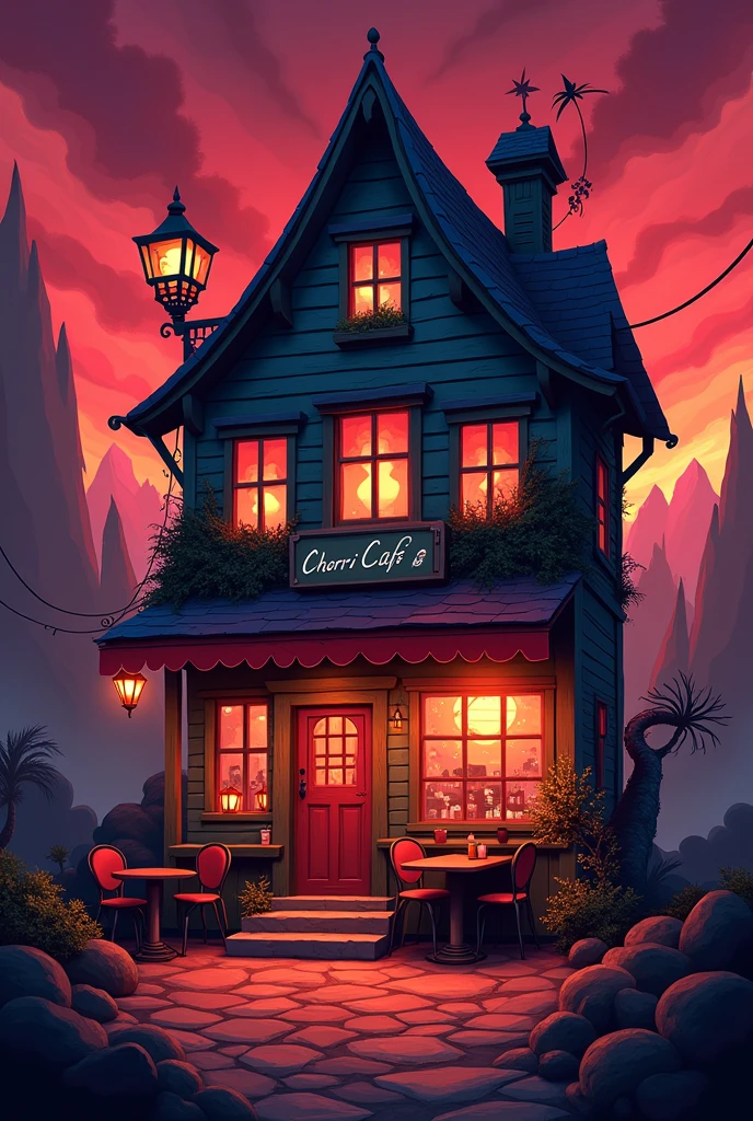 Infernal cozy horror empty café facade at hell, with chairs, tables and a bar coctel bar, cartoon animated in hell, with a sign that says "Cherri Cafe"