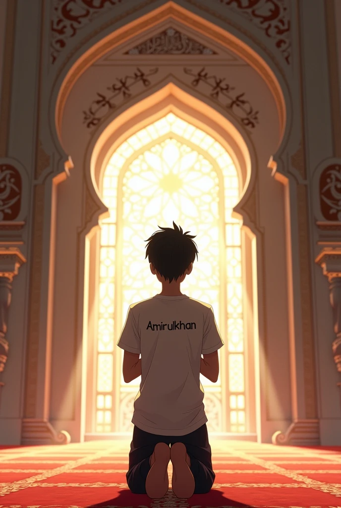 create an anime image that that a 18 years old boy named"AMIRULKHAN" on his t-shirt praying in the mosque 