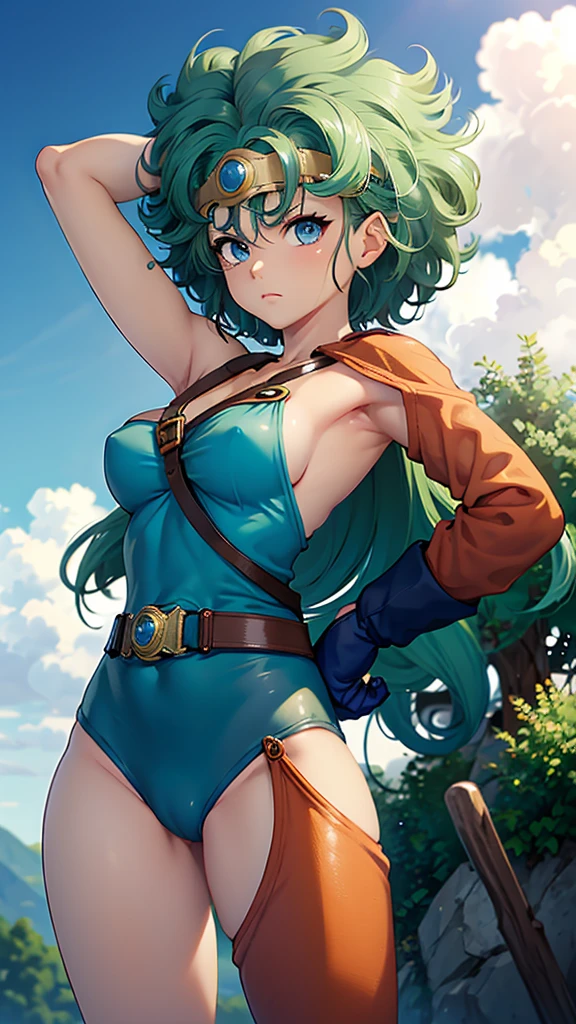 (((SFW、sound、Highest quality、Top notch work、Normal body、、Detailed face、Ultra-precision、normal hand、Refer、5refer、Highest)))、beautiful girl、Green Hair、yamato nadeshiko、Small breasts、Shortcuts、Blue leotard、muscular、Black paleo skirt、Red Cape、Circlet、Dragon Quest、Female Heroes、 Fight、Fight is ready、Sweep with a sword、Please put your hands together in front of you.、Place your hands behind your back、Please put your hands on your hips、cover your chest with your hands、((Executed perfectly:Frame yourself from head to toe,Standing posture,Draws in great detail、There is no anatomical problem))、forest