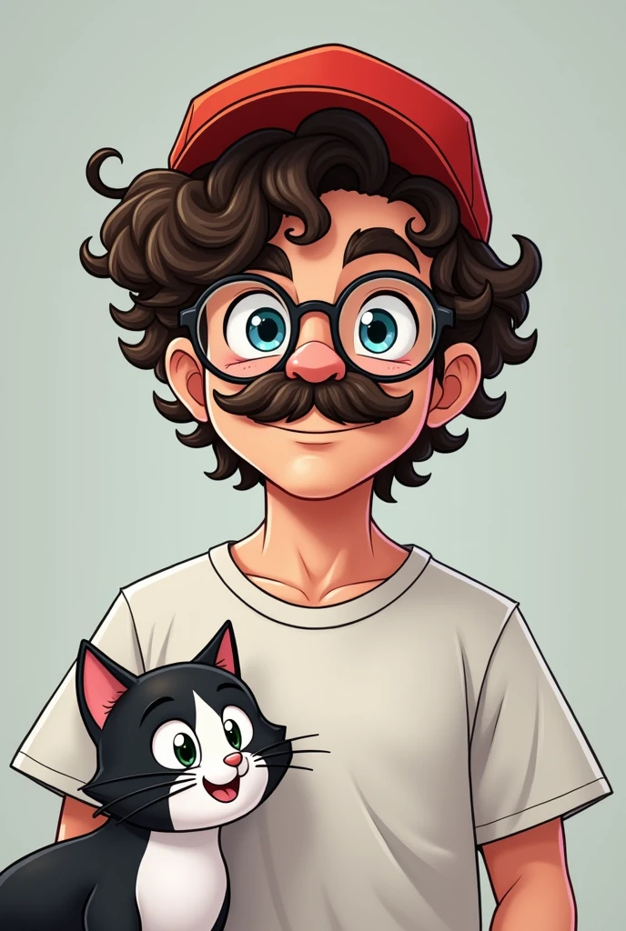 beautiful man wearing baseball cap, curly brown hair with white streaks on the back of his head, bisexual, glasses, curled mustache, caucasian, blue eyes, cartoon, baggy t-shirt, black and white cat