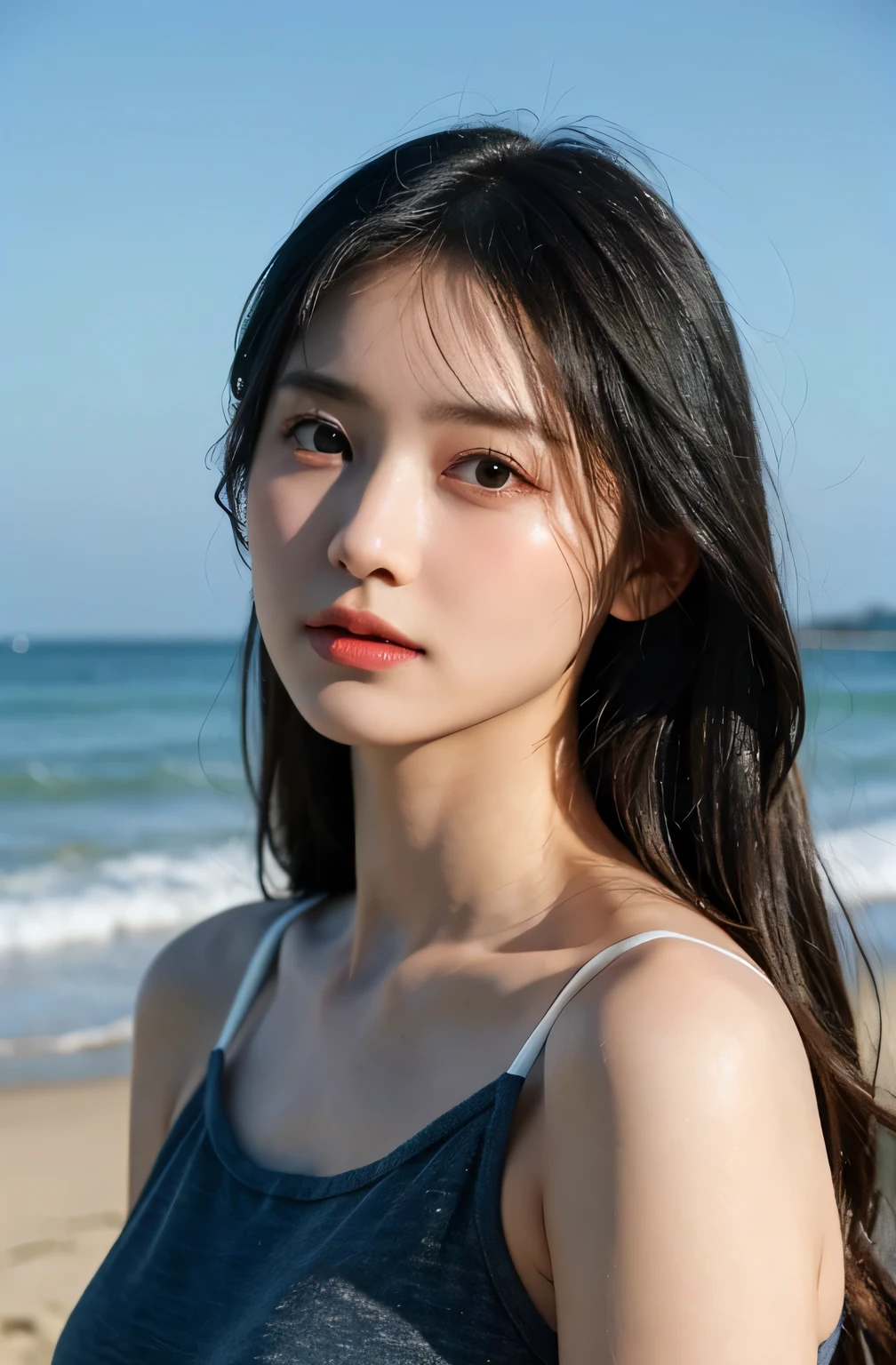 A photorealistic image of a young woman with long wet black hair and soft, radiant skin, standing on a beach during a misty morning. she wearing white tanktop with water droplets on her skin, highlighting her delicate features. Her deep eyes and subtle makeup enhance her natural beauty, complemented by the serene, soft blue background of the sea and sky. The atmosphere is tranquil and slightly moody.