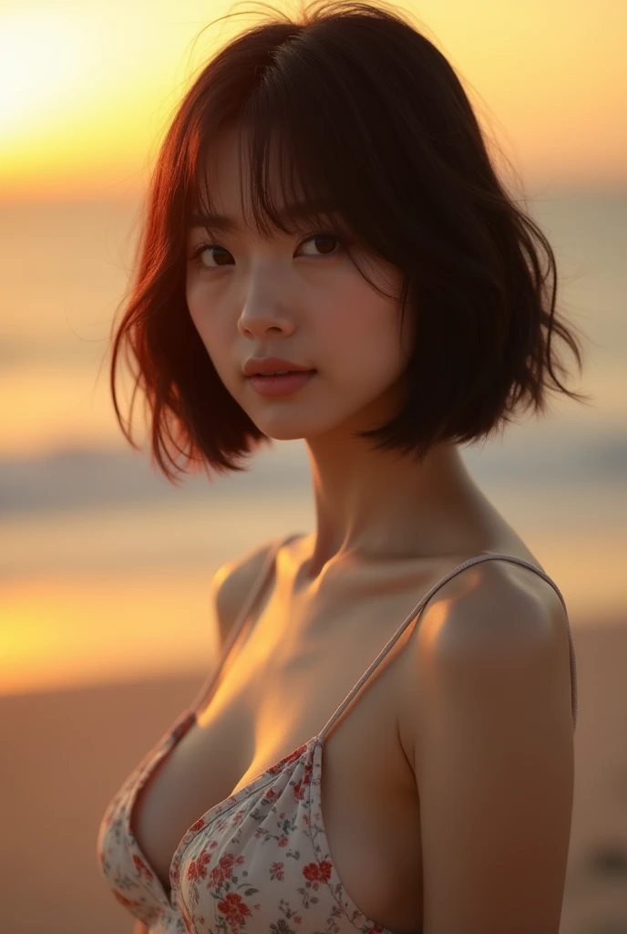 (Best quality, 8k, 32k, Masterpiece, UHD:1.2), NSFW, Photo of Pretty Japanese Model, Emi Fukuda face, large breasts, concise bob hair, upper body, face focus, maxi dress, no bra, simple background, cinematic lighting, sunset, from above, looking at the viewer,