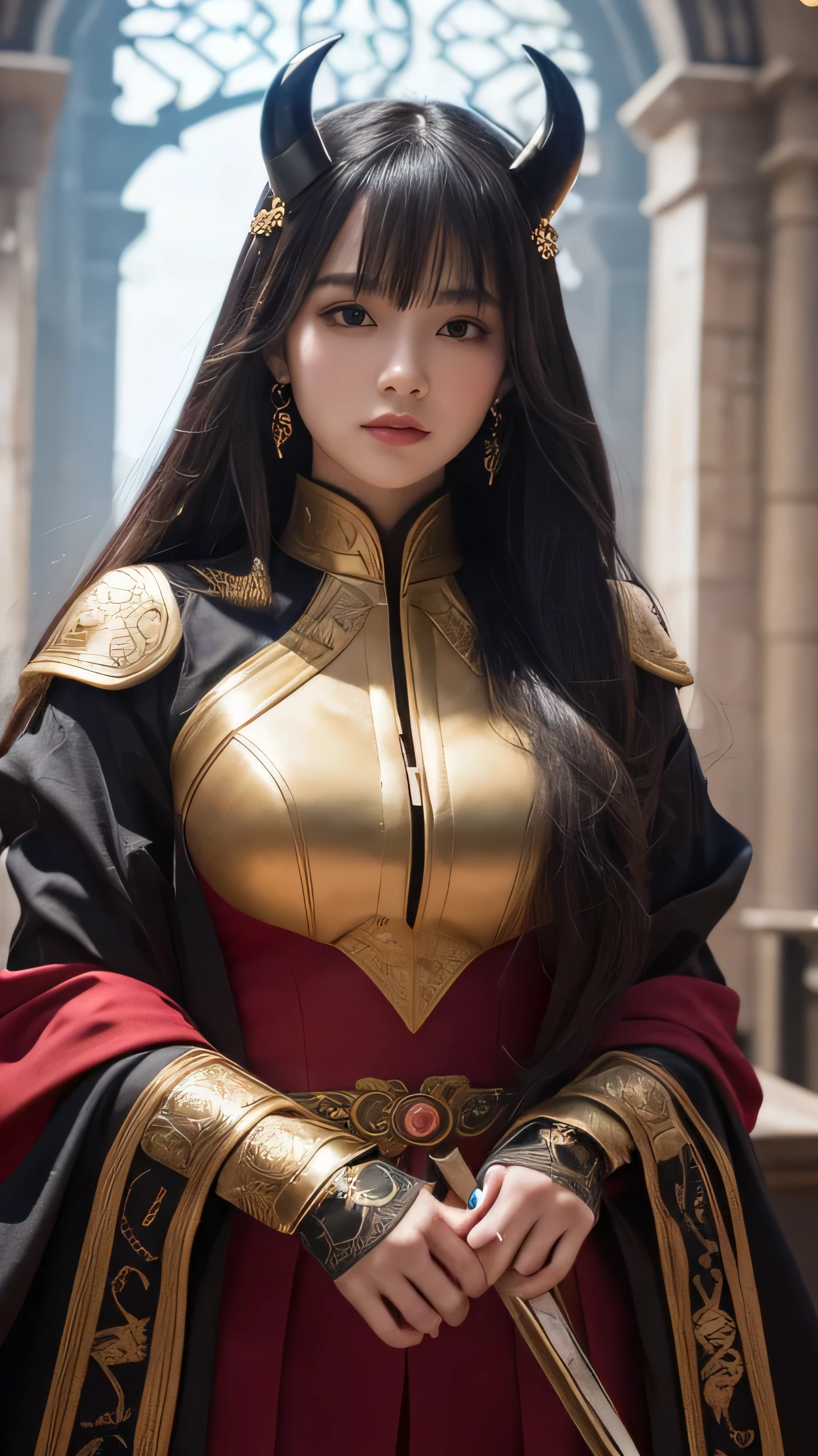 **Prompt:** Create an ultra-realistic depiction of Baal reimagined as a beautiful yet imposing young girl, blending her mythological features with the charm of a modern-day anime character. Baal retains her iconic deep, dark red skin, now softened to a rich crimson, giving her an ethereal and striking appearance. Her large, curved horns remain, but they are now more elegantly shaped, curving gracefully from her head and adorned with delicate golden patterns. Her eyes, still glowing with a fiery intensity, are now larger and more expressive, with a captivating blend of gold and orange that reflects both her power and youthful innocence.

Her hair, a lush cascade of flowing black with hints of deep red, is styled in long, voluminous waves that frame her face and reach down to her waist. She wears a stylish yet otherworldly outfit, combining elements of traditional Japanese fashion with modern, trendy attire. Her outfit features a short, kimono-inspired dress in deep red and black, with golden embroidery that mimics ancient symbols of power. The dress has a high collar and flowing sleeves, giving her a regal and elegant appearance.

Her armor, now light and decorative, is integrated into her outfit as stylish accessories, including a sleek, black breastplate adorned with gold filigree and a matching set of gauntlets and boots that are both functional and fashionable. She carries a slender, elegant sword, the blade glowing faintly with a warm, red energy, symbolizing her power in a more controlled and refined form.

The background is a serene, twilight landscape with cherry blossoms gently falling around her, blending her dark origins with a scene of delicate beauty. The atmosphere is calm yet charged with a sense of underlying power, highlighting her dual nature as both a formidable deity and an enchanting young girl.