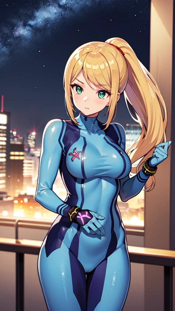 One girl,Samus Aran,alone,Green Eyes,Blonde,Zero Suit,ponytail、Light blue bodysuit,Dark blue stripes,Cowboy Shot,City of night,sf,Very detailed,Sharp focus,beautiful,(Highest quality)