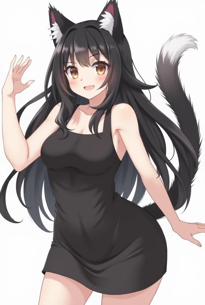 (nsfw) 1 adult anime girl, solo, looking at viewer, black tail, strong purple eyes, sitting, big breasts, black dress, 2 very slim dress bands covering breasts, hair hears, long dark brown hair.