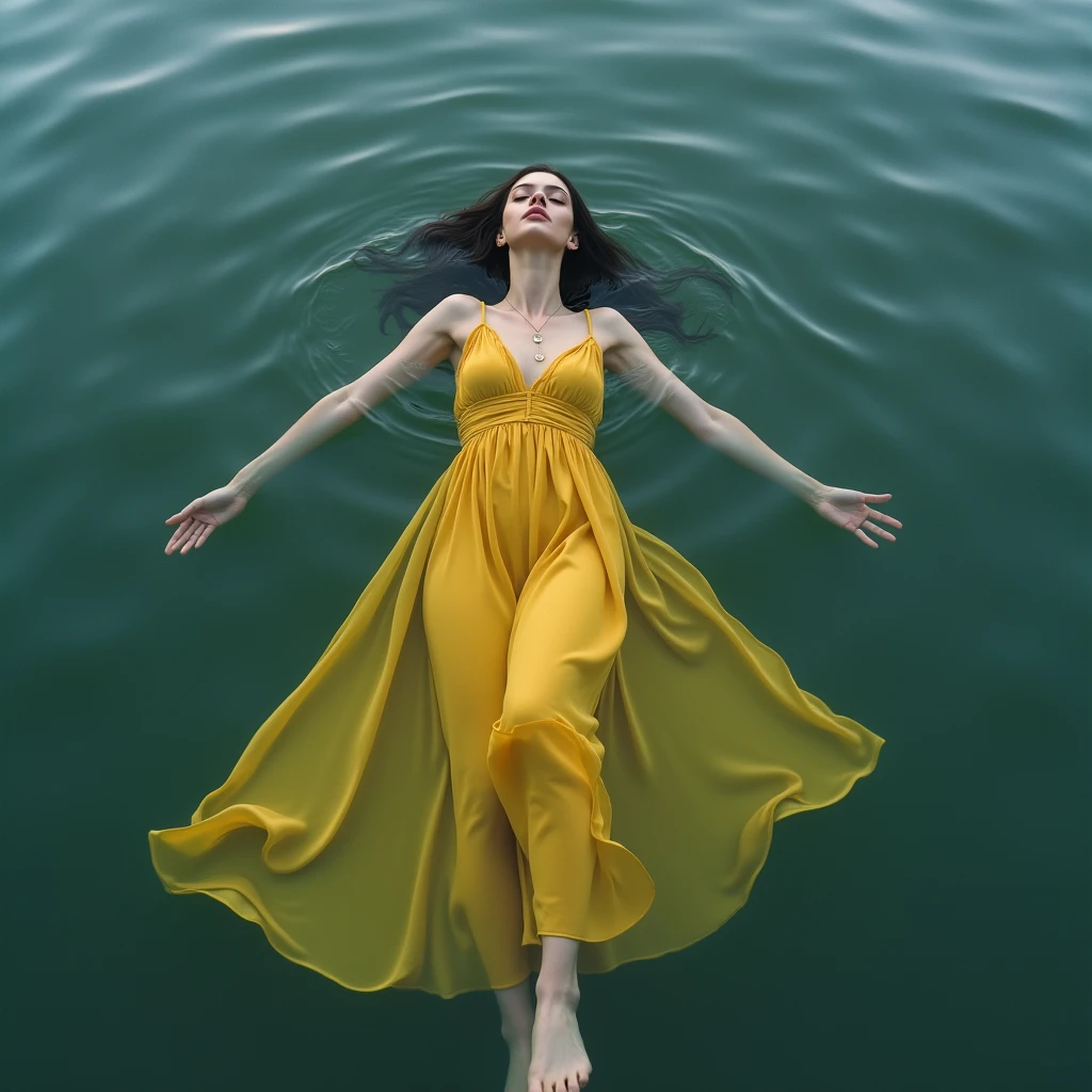 A perfect shot of a woman wearing a long yellow dress, emerging from the water, seen from the bottom of the lake, submerging herself in the water with her arms gracefully extended, her eyes closed, her lips closed and her legs stretched out. Her hands are almost touching the surface of the water. Perfect face, perfect hands, ultra-realistic, style of perfection, epic, realistic, cinemascope, no nudity, no see-through clothing