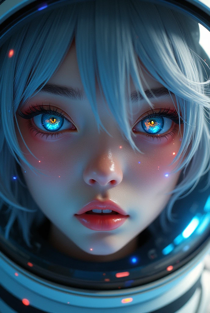 (Close-up of a better masterpiece:1.5)0.9], (Space and astronauts:1.2) (Messy silver hair:1.1) (Heterochromia xanthochromia and blue eyes:1.2) (Space Helmet:1.0) (Colored stars in the eyes:1.0) (A radiant glow:1.1) (thick lips:0.9)