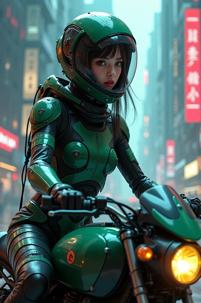 The highest image quality, pending details, ultra-high resolution, (真实感: 1.4), the best illustration, favor details, Highly condensed 1girl, with a delicate and beautiful face, dressed in a black and green mecha, wearing a mecha helmet, holding a directional controller, riding a motorcycle, the background is a high-tech lighting scene of the future city.naked