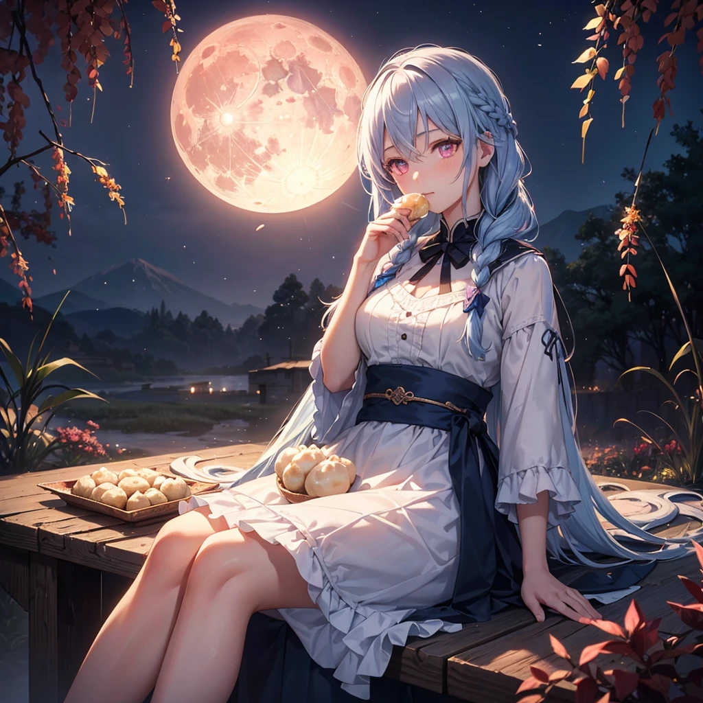 (Sky blue braided medium length hair), (Pink eyes),(Fair skin) ,(whole body),(One Girl),(harvest moon),(A large amount of Miscanthus sinensis in the background),(full moon),(masterpiece, Highest quality, Very detailed, Best Shadow), (Detailed Background), (Beautifully detailed face), High Contrast, (Best lighting, Very delicate and beautiful), ((Cinematic Light)), Hyper Detail,8k, Dramatic Light, Intricate details,(sitting down to eat rice dumplings)