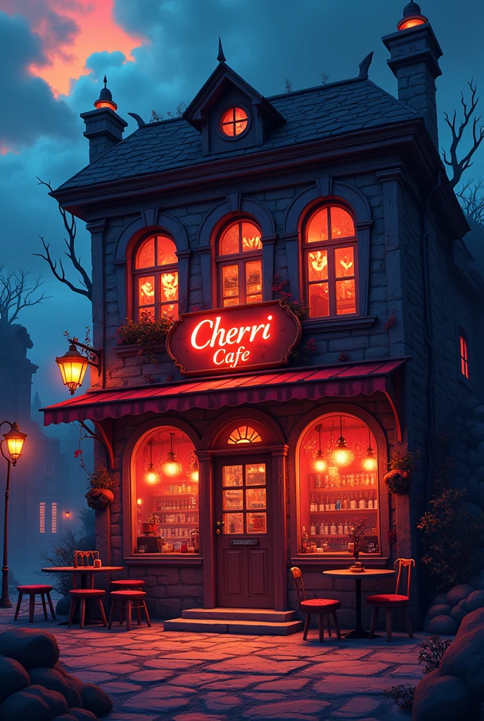 Infernal cozy horror empty café facade at hell, with chairs, tables and a bar coctel bar, cartoon animated in hell, with a sign that says "Cherri Cafe"