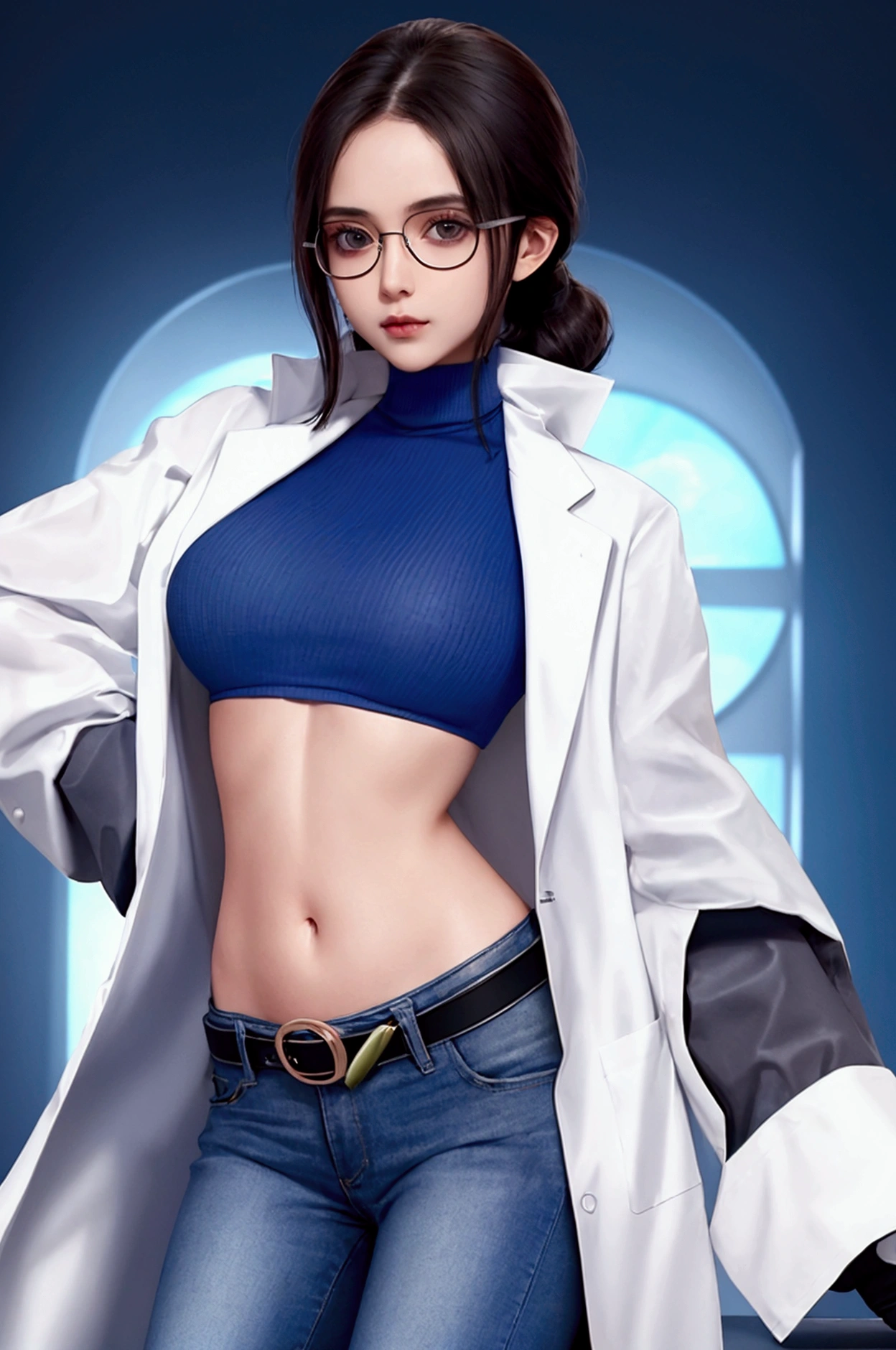 Girl in Laboratory, Turtle-neck, lab coat, showing navel, belt, Exposing the abdomen below the navel, well-dressed, glasses, blue jean, laboratory